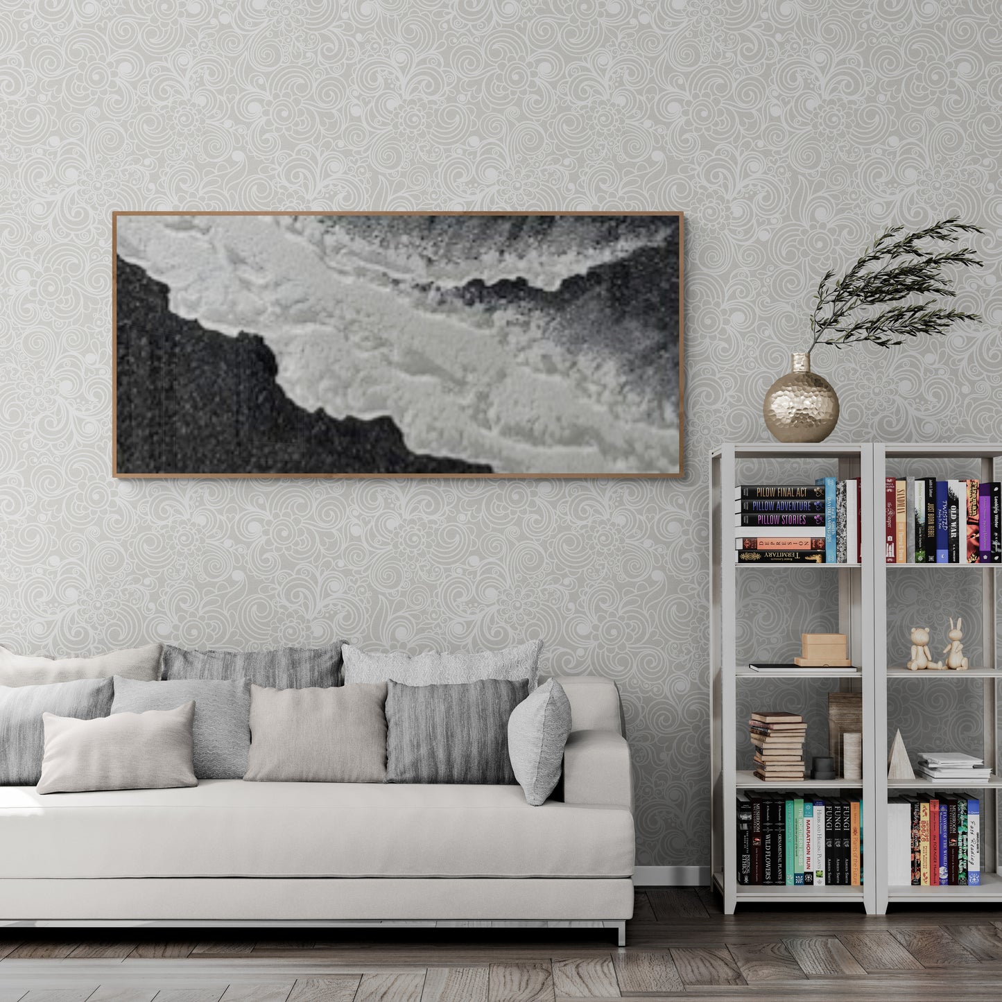 3D texture ,With wooden frame and acrylic paint ,White ocean wave ,Black coastal wall decor ,Plaster art texture ,Sea beach relief