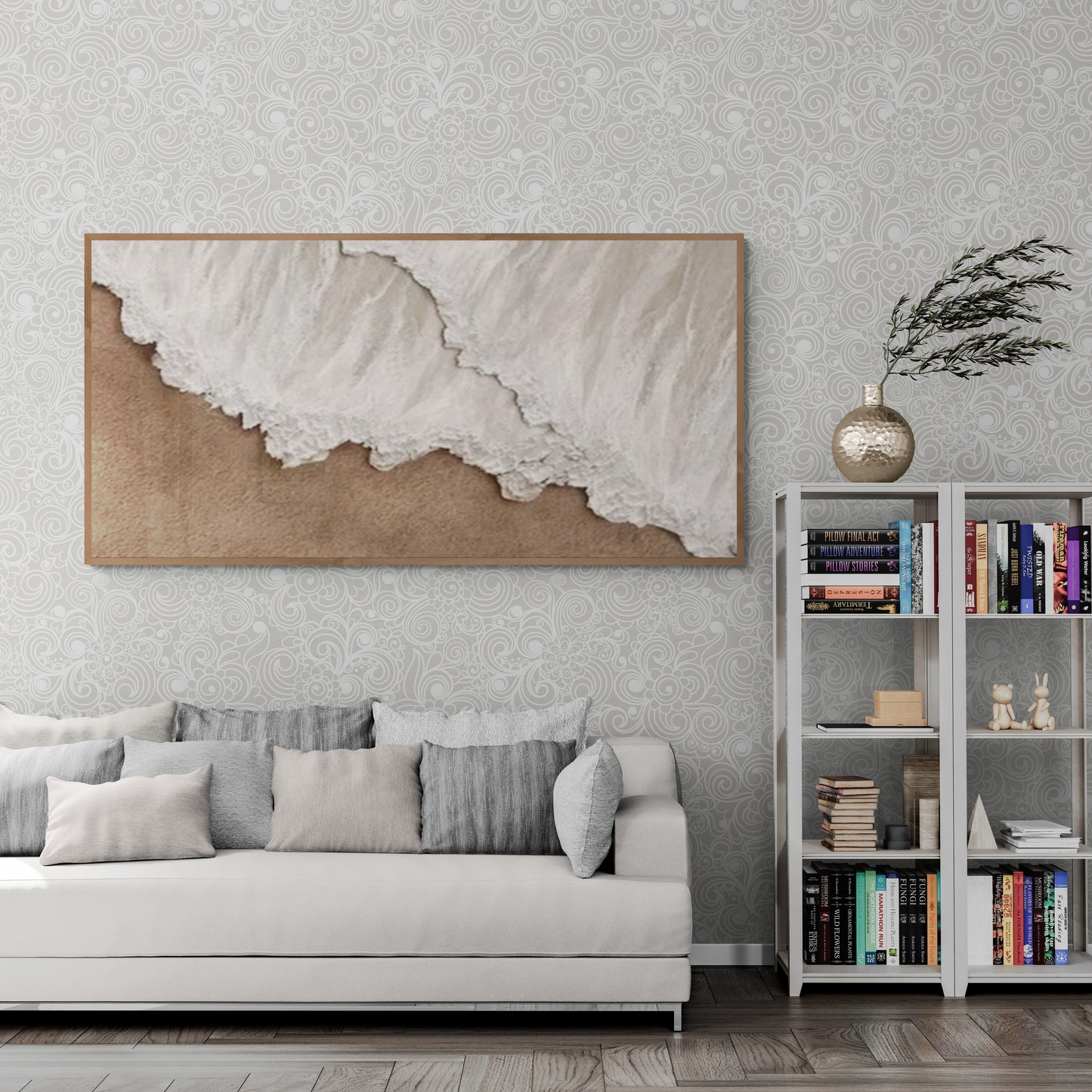 Heavy relief art ,White ocean wave ,Brown coastal  wall decor ,Abstract handmade wall art ,With wooden frame and acrylic paint
