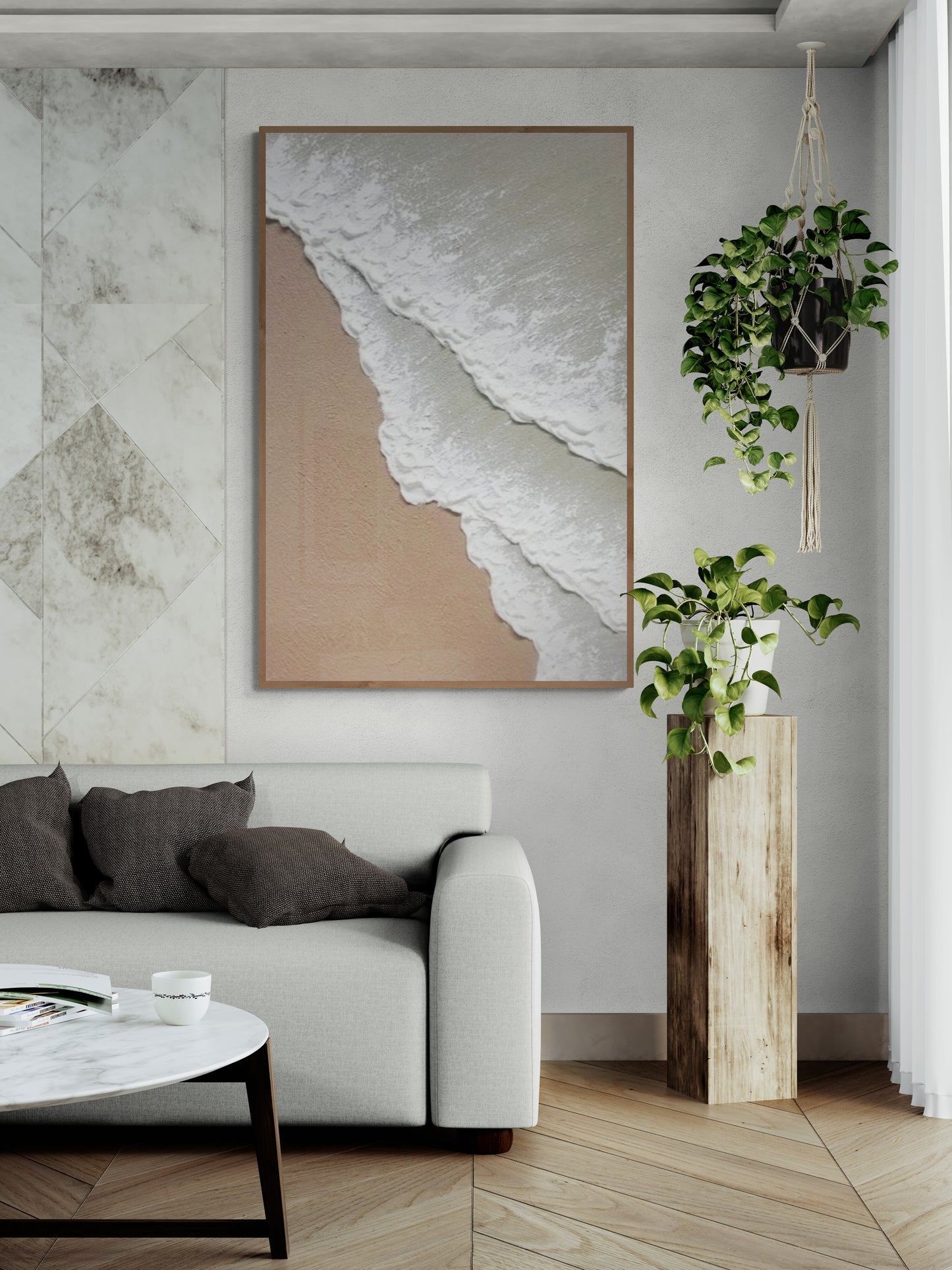 3D texture ,With wooden frame and acrylic paint ,White ocean wave ,Brown coastal  wall decor ,Plaster art texture ,Sea beach relief