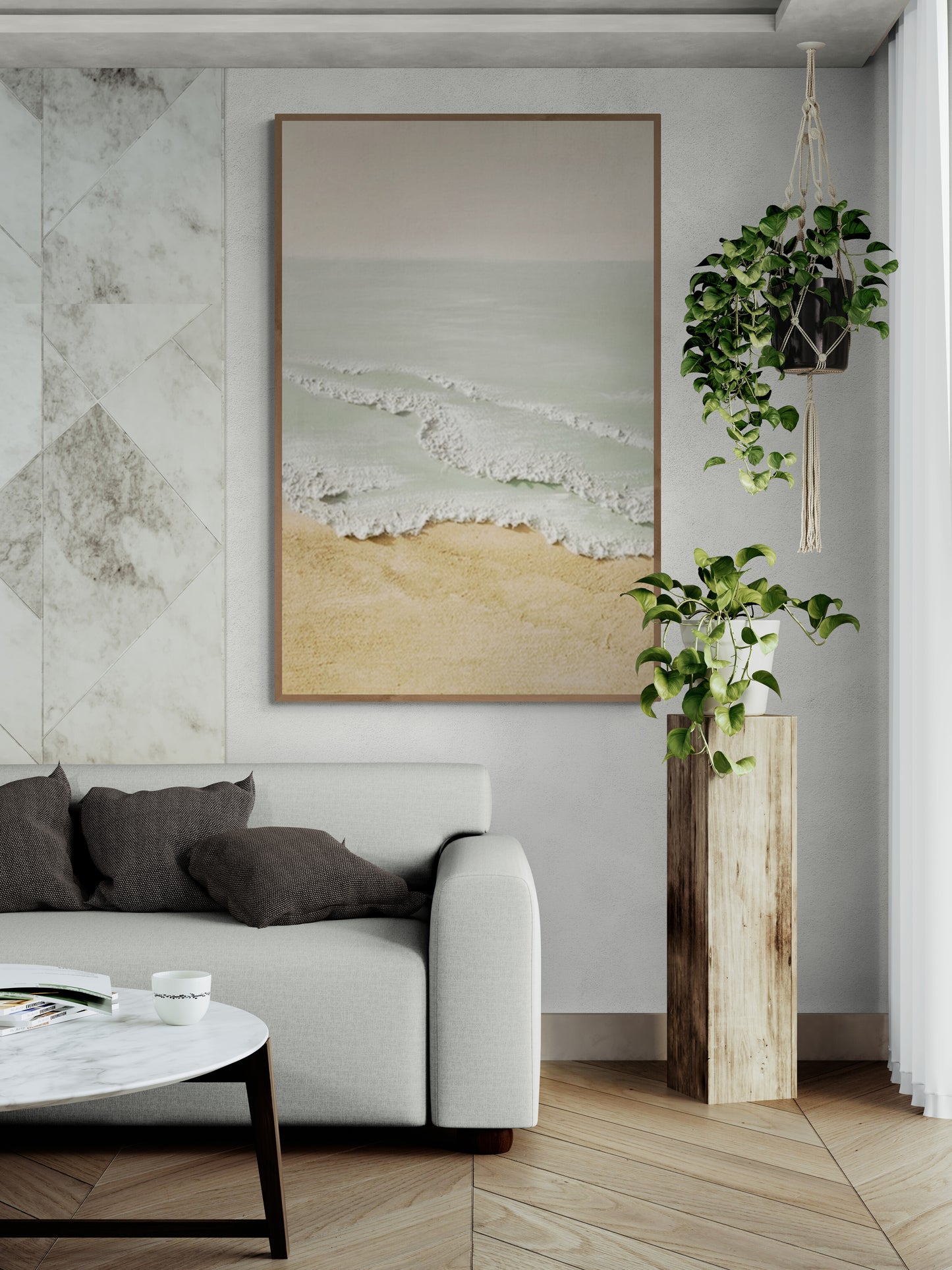 Original abstract relief ,Minimal art texture, With wooden frame and acrylic paint, Ocean wave landscape ,White ocean wave ,Brown coastal