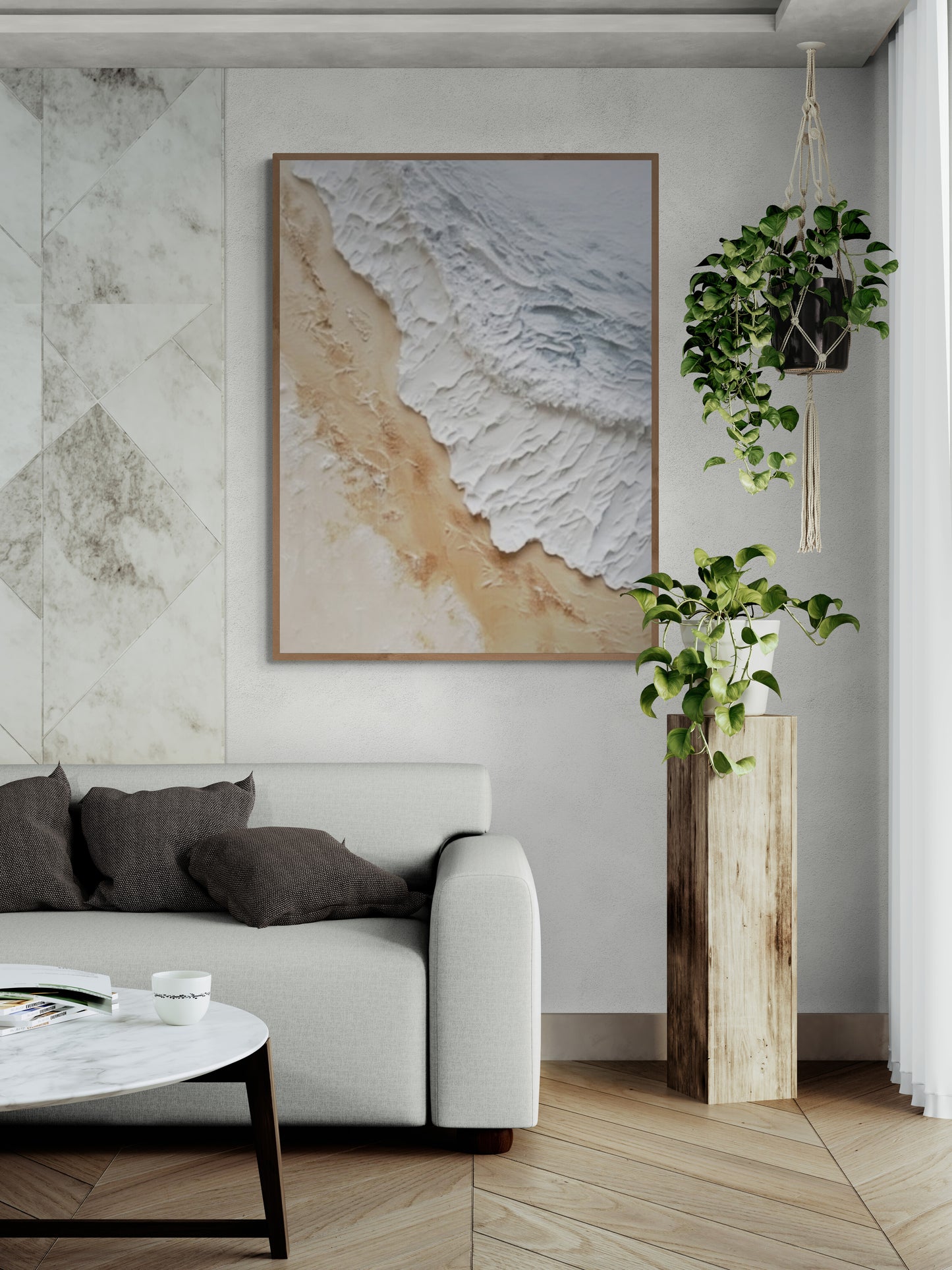 3D texture ,With wooden frame and acrylic paint ,White ocean wave ,Brown coastal  wall decor ,Plaster art texture ,Sea beach relief