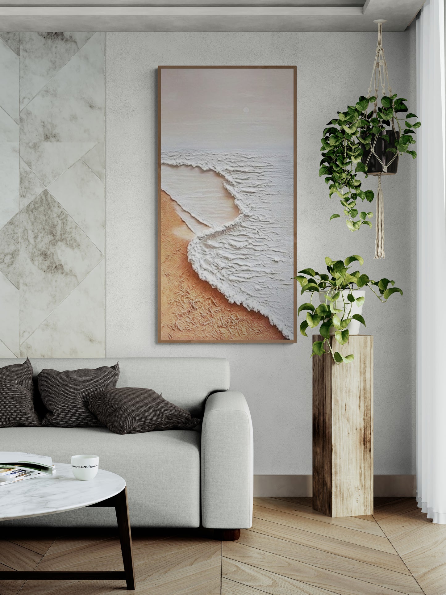 Original abstract relief ,Minimal art texture, With wooden frame and acrylic paint, Ocean wave landscape ,White ocean wave ,Brown coastal
