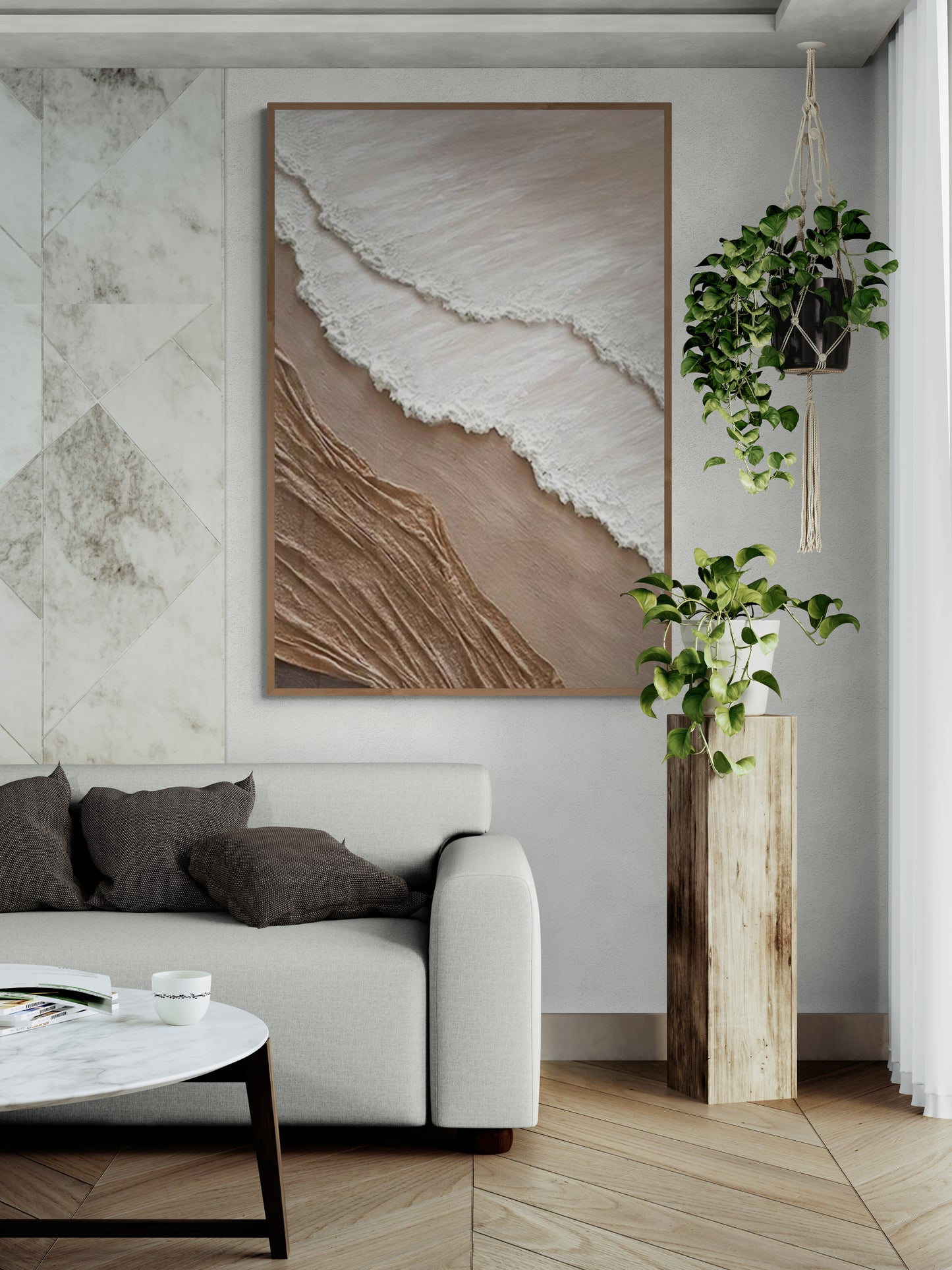 With wooden frame and acrylic paint ,Boho textured wall ,Brown ocean wave , Brown coastal  wall decor ,Sea wall art