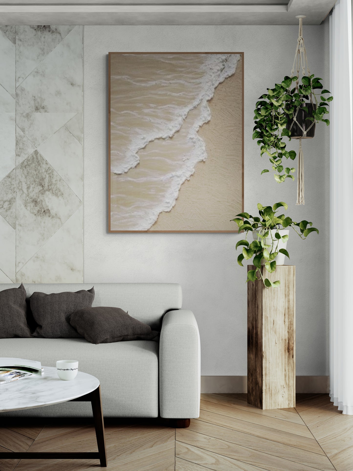 3D texture ,With wooden frame and acrylic paint ,White ocean wave ,Brown coastal  wall decor ,Plaster art texture ,Sea beach relief