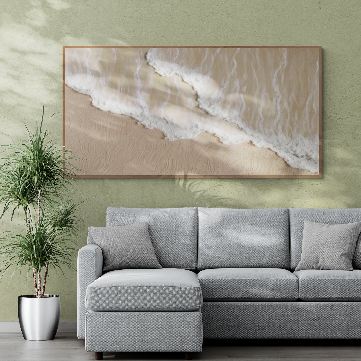 3D texture ,With wooden frame and acrylic paint ,White ocean wave ,Brown coastal  wall decor ,Plaster art texture ,Sea beach relief