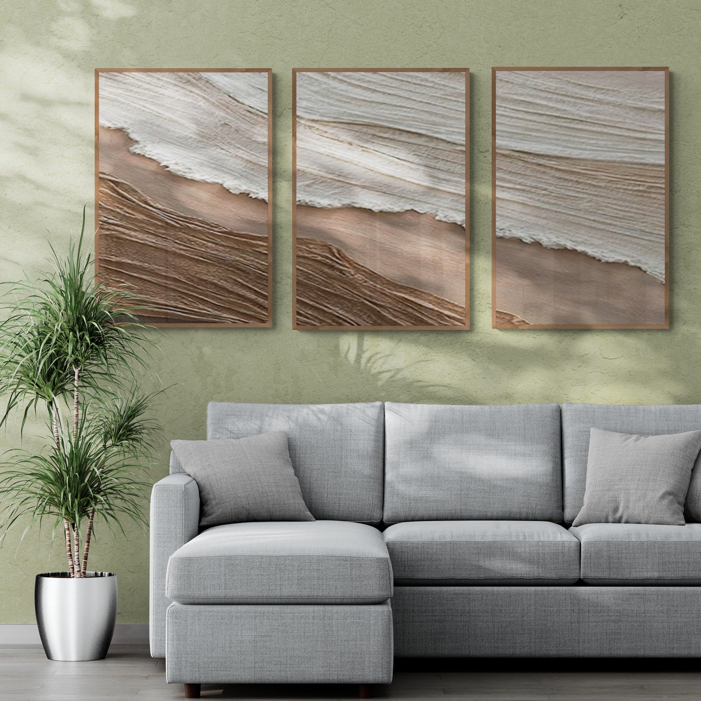 3 pieces ,With wooden frame and acrylic paint ,Boho textured wall ,Brown ocean wave ,Brown coastal  wall decor ,Sea wall art
