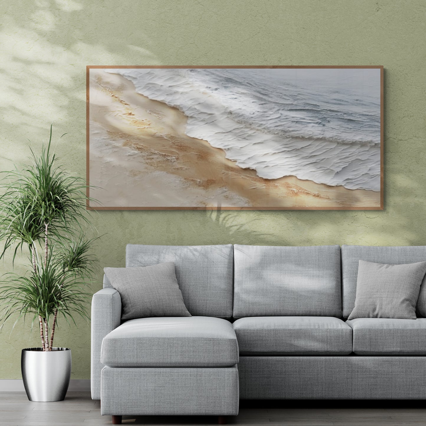 Original abstract relief ,Minimal art texture, With wooden frame and acrylic paint, Ocean wave landscape ,White ocean wave ,Brown coastal