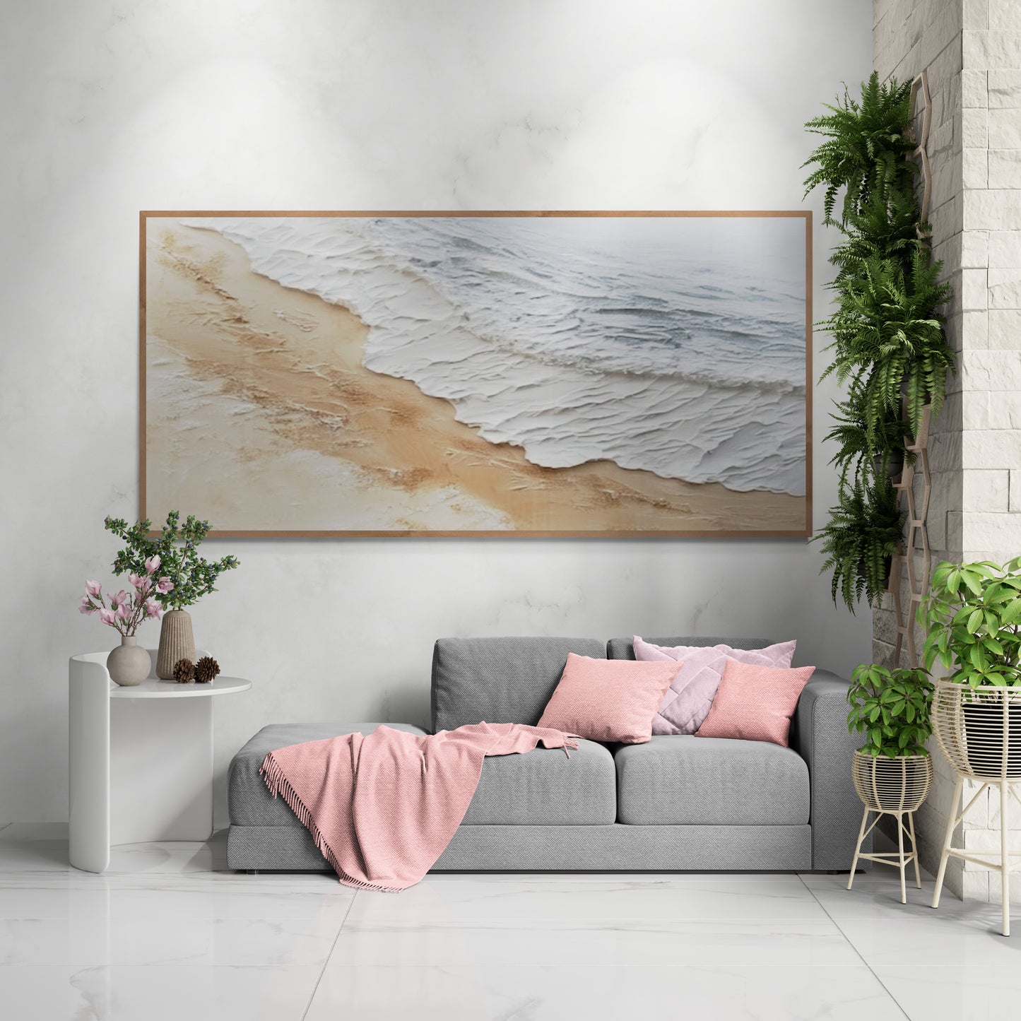 Original abstract relief ,Minimal art texture, With wooden frame and acrylic paint, Ocean wave landscape ,White ocean wave ,Brown coastal