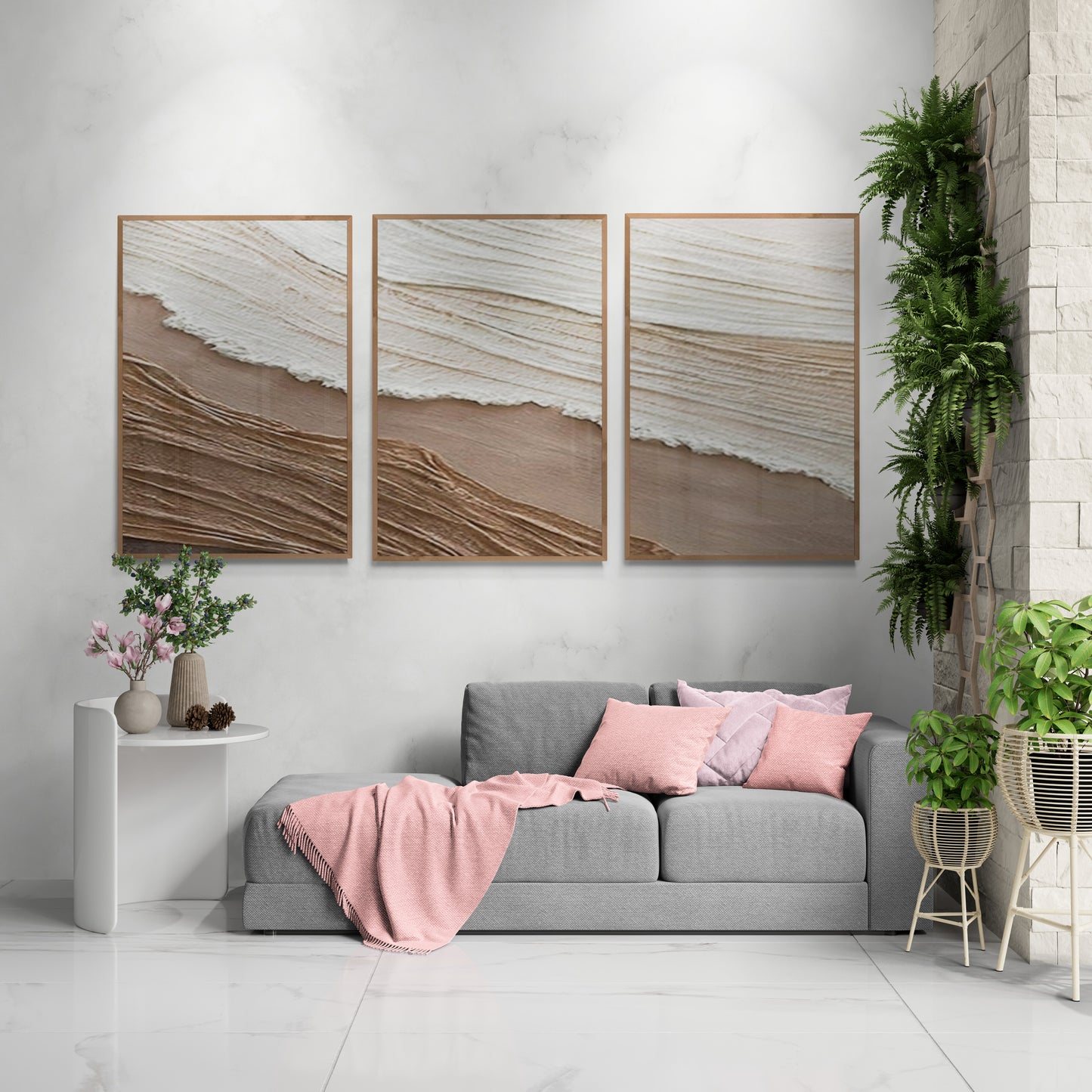 3 pieces ,With wooden frame and acrylic paint ,Boho textured wall ,Brown ocean wave ,Brown coastal  wall decor ,Sea wall art