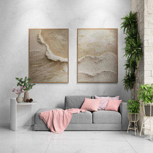 2 pieces ,With wooden frame and acrylic paint ,Boho textured wall ,Brown ocean wave ,Brown coastal  wall decor ,Sea wall art