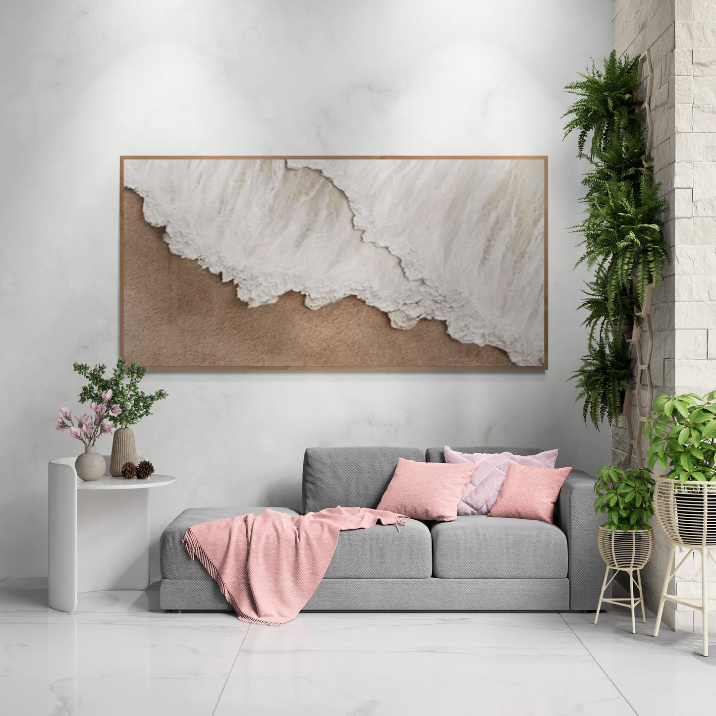 Heavy relief art ,White ocean wave ,Brown coastal  wall decor ,Abstract handmade wall art ,With wooden frame and acrylic paint