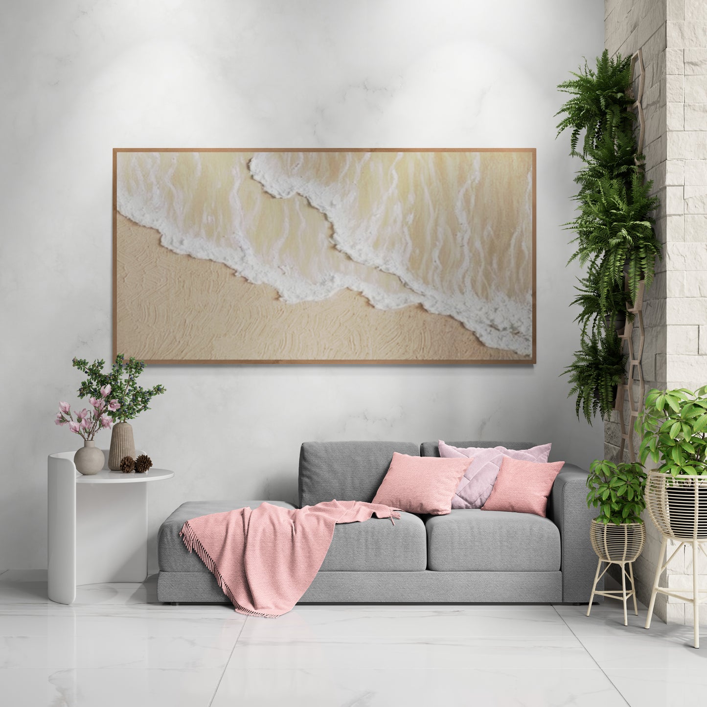 3D texture ,With wooden frame and acrylic paint ,White ocean wave ,Brown coastal  wall decor ,Plaster art texture ,Sea beach relief