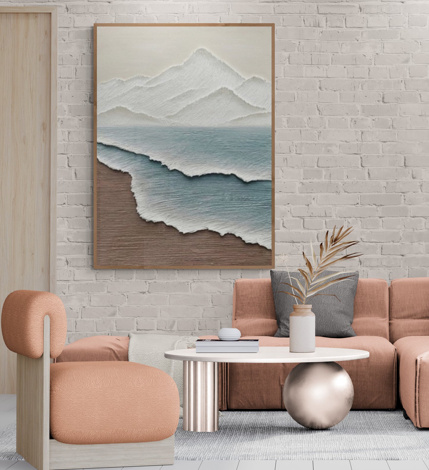 Heavy relief art ,Blue ocean wave ,Brown coastal  wall decor ,Abstract handmade wall art ,With wooden frame and acrylic paint