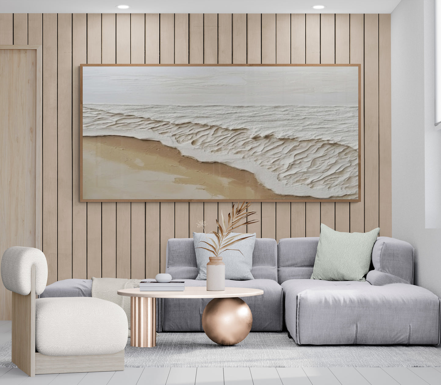 Original abstract relief ,Minimal art texture, With wooden frame and acrylic paint, Ocean wave landscape ,White ocean wave ,Brown coastal