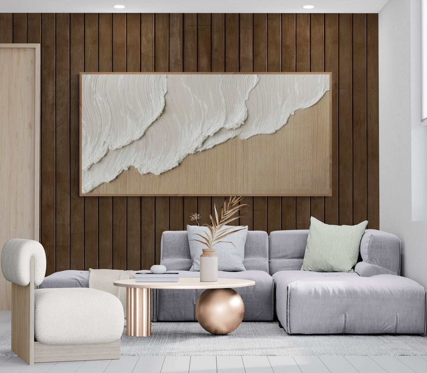 Heavy relief art ,White ocean wave ,Brown coastal  wall decor ,Abstract handmade wall art ,With wooden frame and acrylic paint