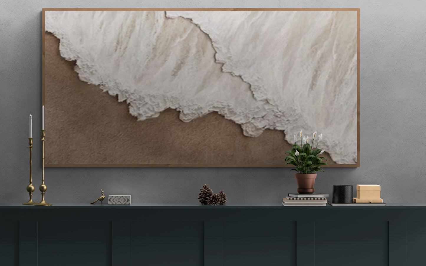 Heavy relief art ,White ocean wave ,Brown coastal  wall decor ,Abstract handmade wall art ,With wooden frame and acrylic paint