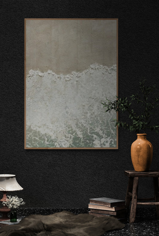 Heavy relief art ,Green and White ocean wave ,Brown coastal  wall decor , Abstract handmade wall art ,With wooden frame and acrylic paint