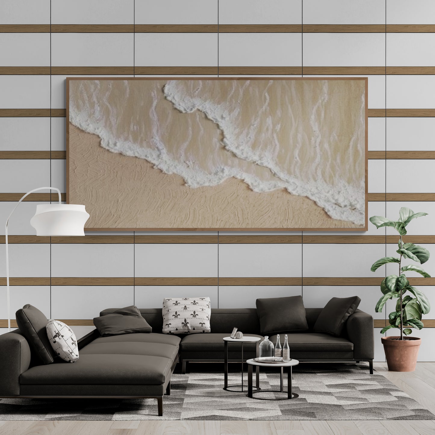 3D texture ,With wooden frame and acrylic paint ,White ocean wave ,Brown coastal  wall decor ,Plaster art texture ,Sea beach relief