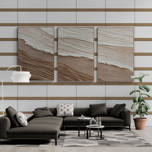 3 pieces ,With wooden frame and acrylic paint ,Boho textured wall ,Brown ocean wave ,Brown coastal  wall decor ,Sea wall art