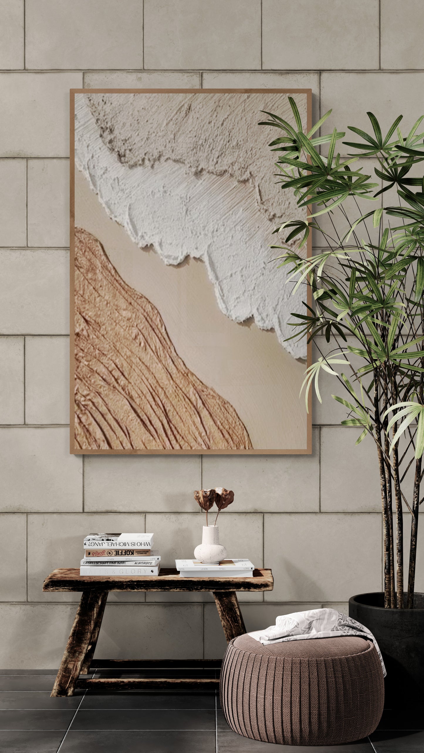 With wooden frame and acrylic paint ,Boho textured wall ,Brown ocean wave ,Brown coastal  wall decor ,Sea wall art