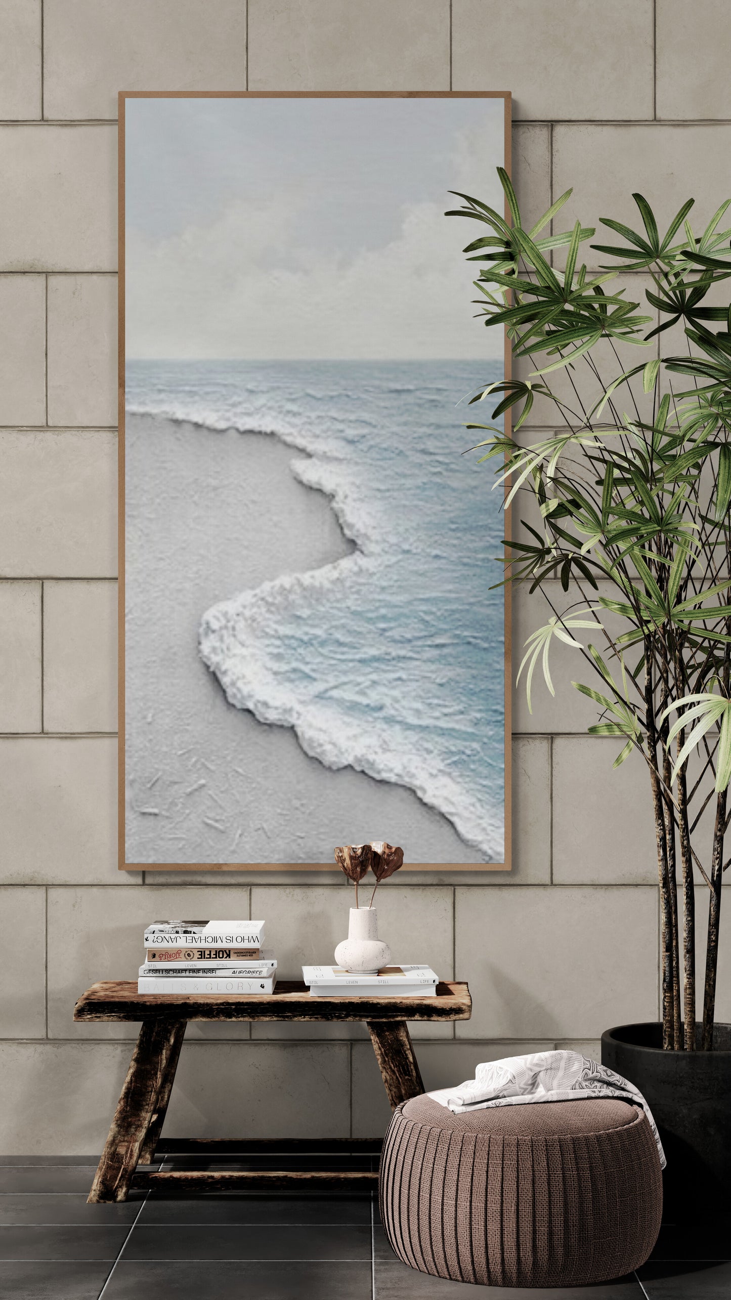 Original abstract relief ,Minimal art texture, With wooden frame and acrylic paint, Ocean wave landscape ,Blue ocean wave ,Brown coastal