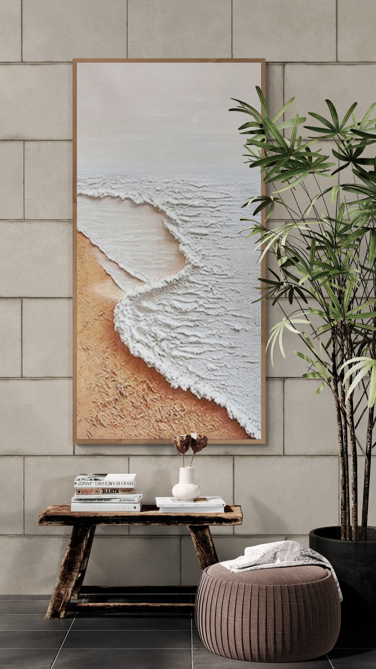 Original abstract relief ,Minimal art texture, With wooden frame and acrylic paint, Ocean wave landscape ,White ocean wave ,Brown coastal