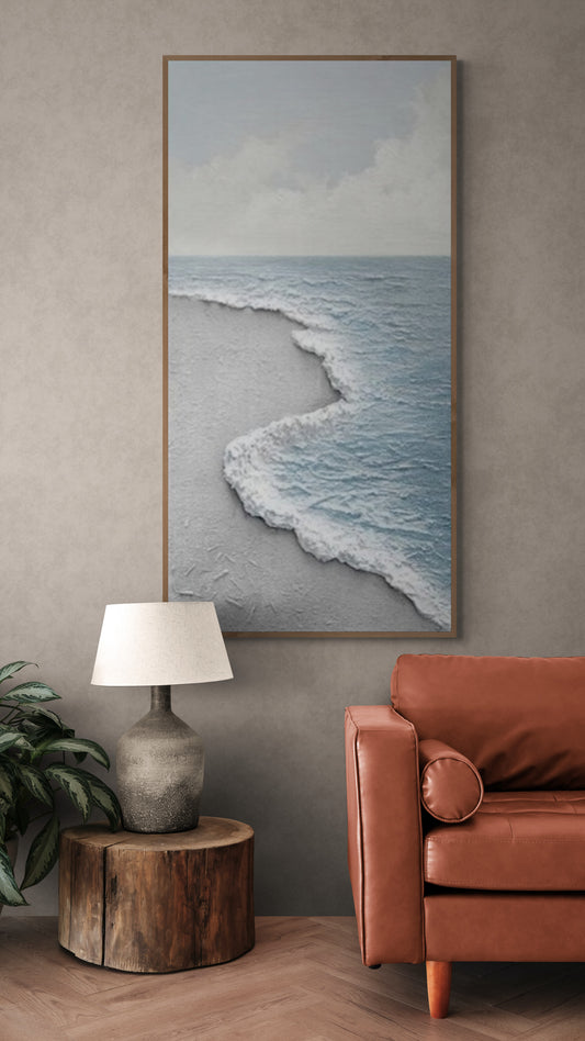 Original abstract relief ,Minimal art texture, With wooden frame and acrylic paint, Ocean wave landscape ,Blue ocean wave ,Brown coastal