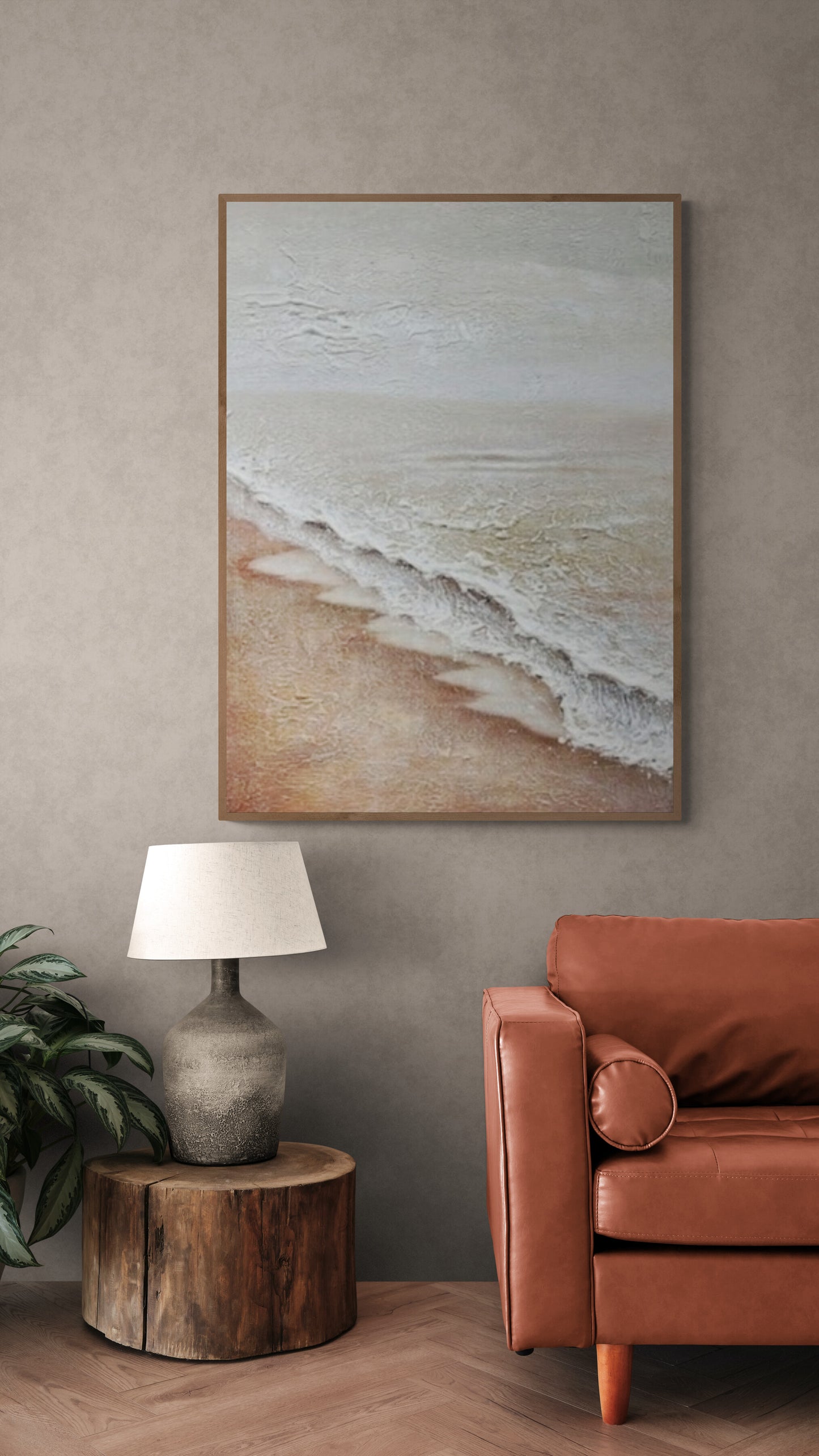 Original abstract relief ,Minimal art texture, With wooden frame and acrylic paint, Ocean wave landscape ,White ocean wave ,Brown coastal
