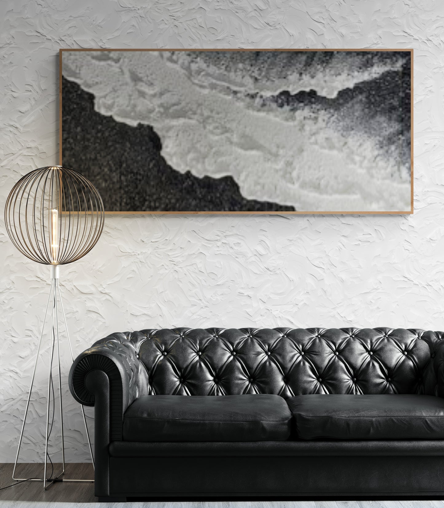 3D texture ,With wooden frame and acrylic paint ,White ocean wave ,Black coastal wall decor ,Plaster art texture ,Sea beach relief