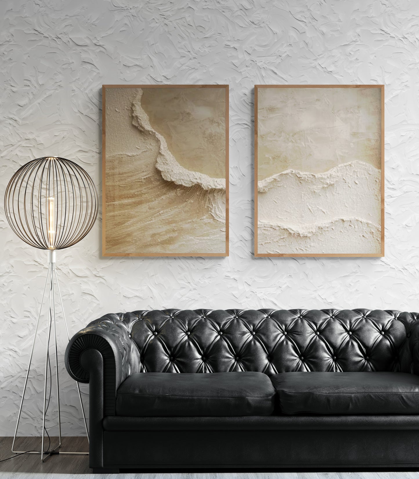 2 pieces ,With wooden frame and acrylic paint ,Boho textured wall ,Brown ocean wave ,Brown coastal  wall decor ,Sea wall art
