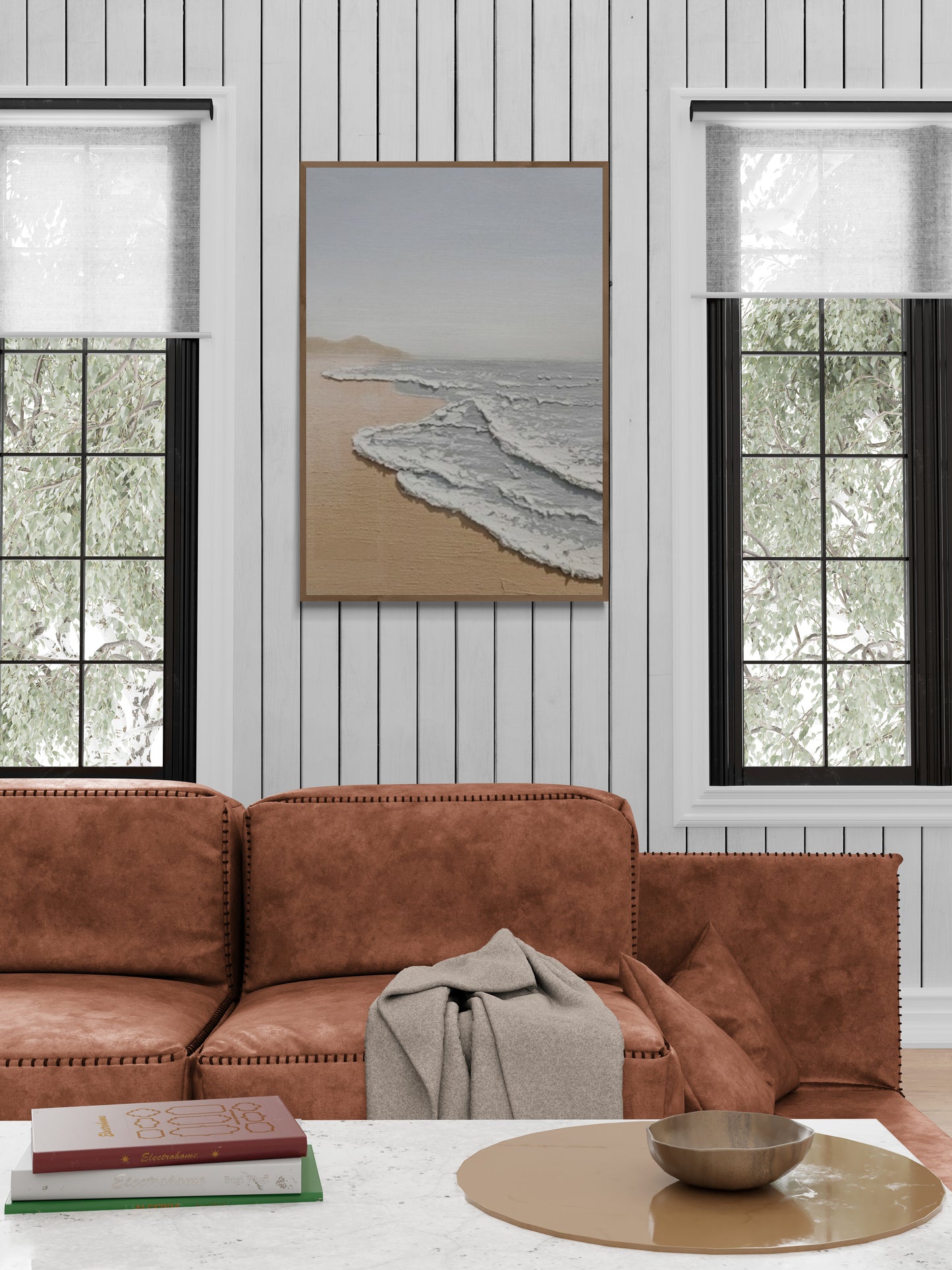 Original abstract relief ,Minimal art texture, With wooden frame and acrylic paint, Ocean wave landscape ,White ocean wave ,Brown coastal