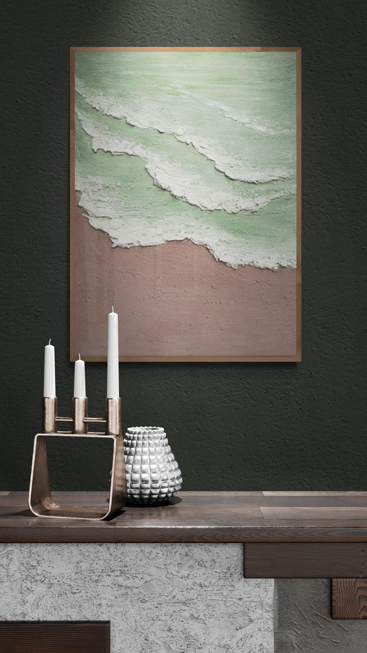 Heavy relief art ,Green ocean wave ,Brown ,coastal wall decor ,Abstract handmade wall art ,With wooden frame and acrylic paint