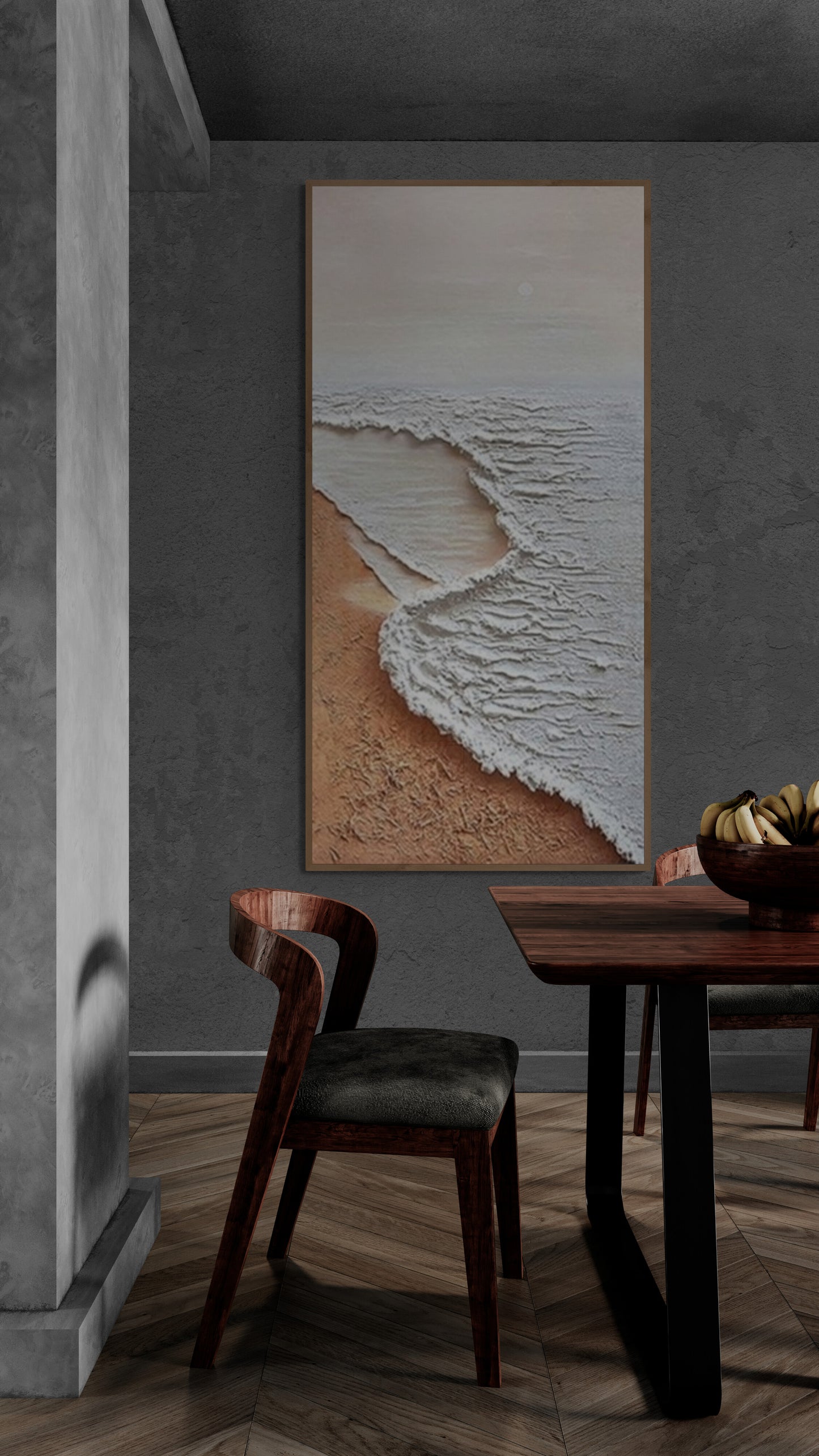 Original abstract relief ,Minimal art texture, With wooden frame and acrylic paint, Ocean wave landscape ,White ocean wave ,Brown coastal