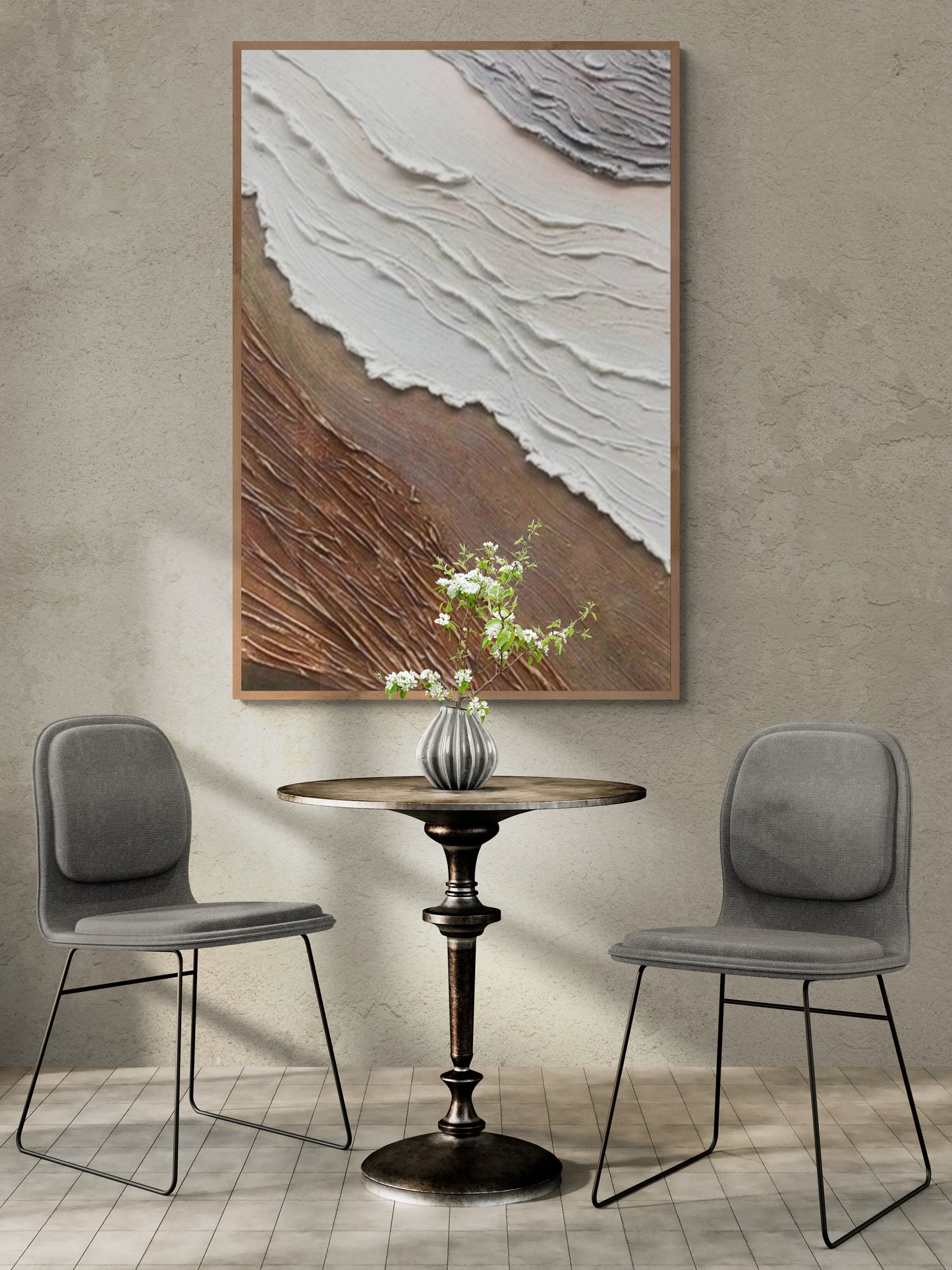 With wooden frame and acrylic paint ,Boho textured wall ,Brown ocean wave ,Brown coastal  wall decor ,Sea wall art