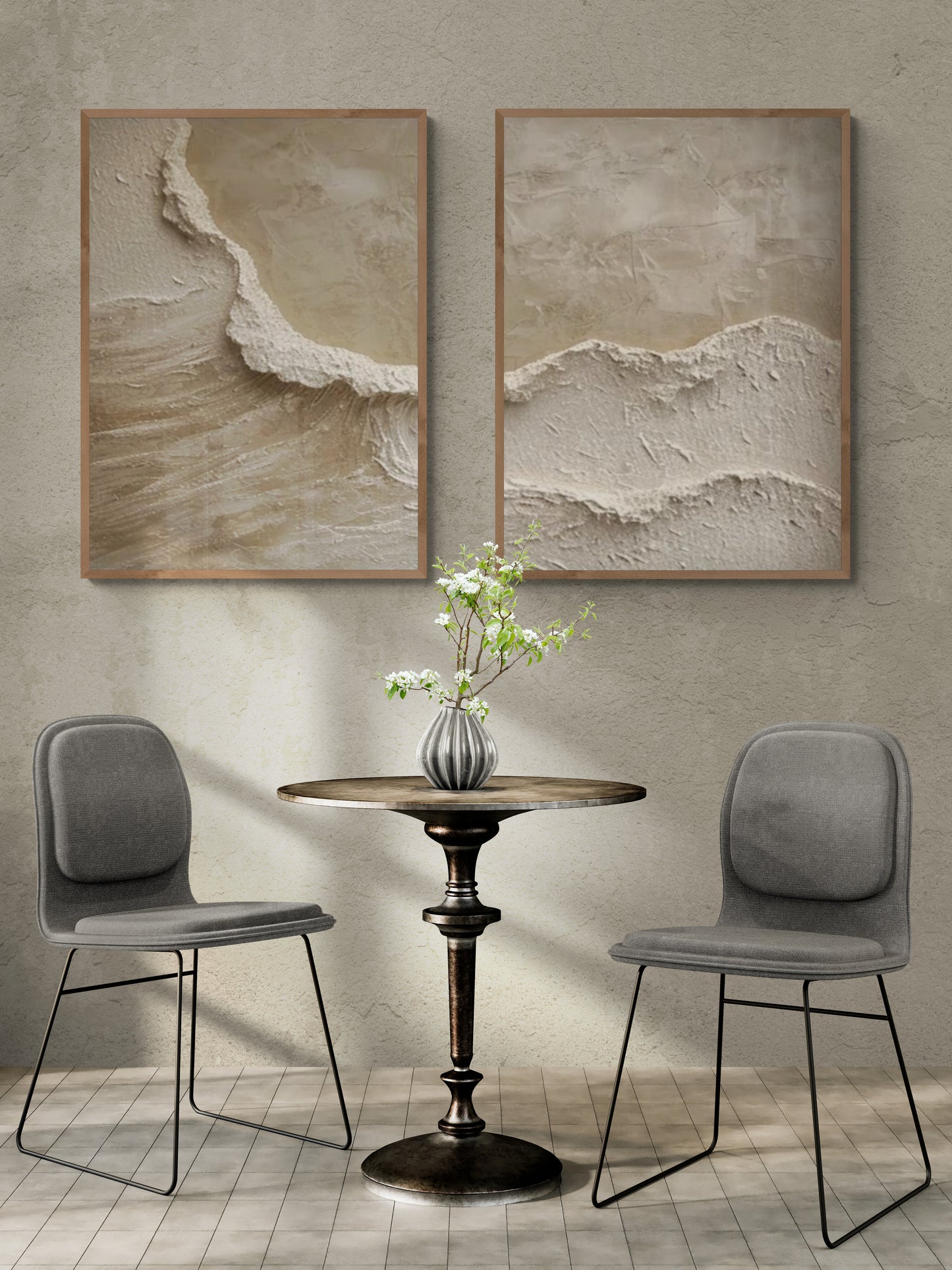 2 pieces ,With wooden frame and acrylic paint ,Boho textured wall ,Brown ocean wave ,Brown coastal  wall decor ,Sea wall art