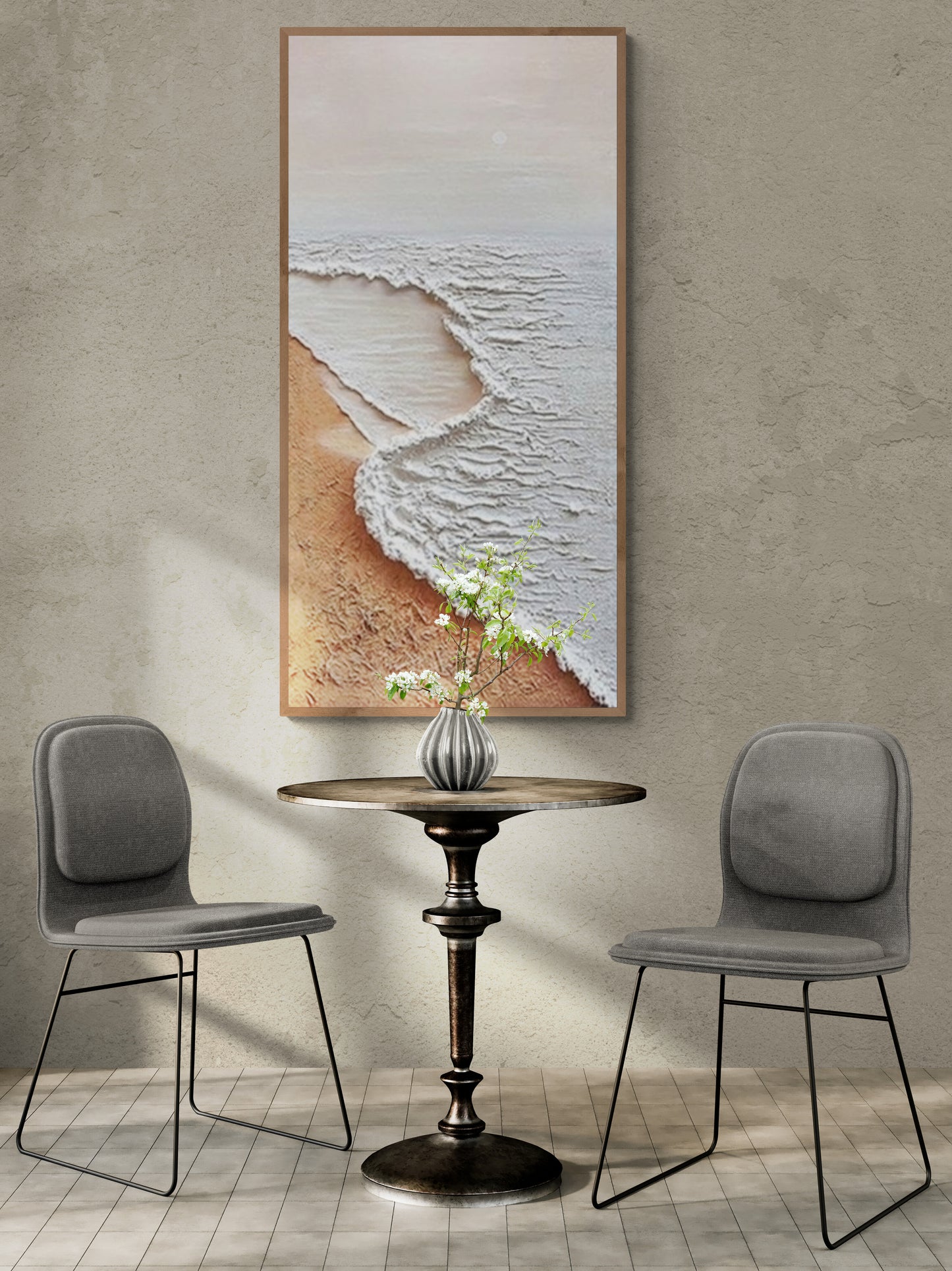 Original abstract relief ,Minimal art texture, With wooden frame and acrylic paint, Ocean wave landscape ,White ocean wave ,Brown coastal