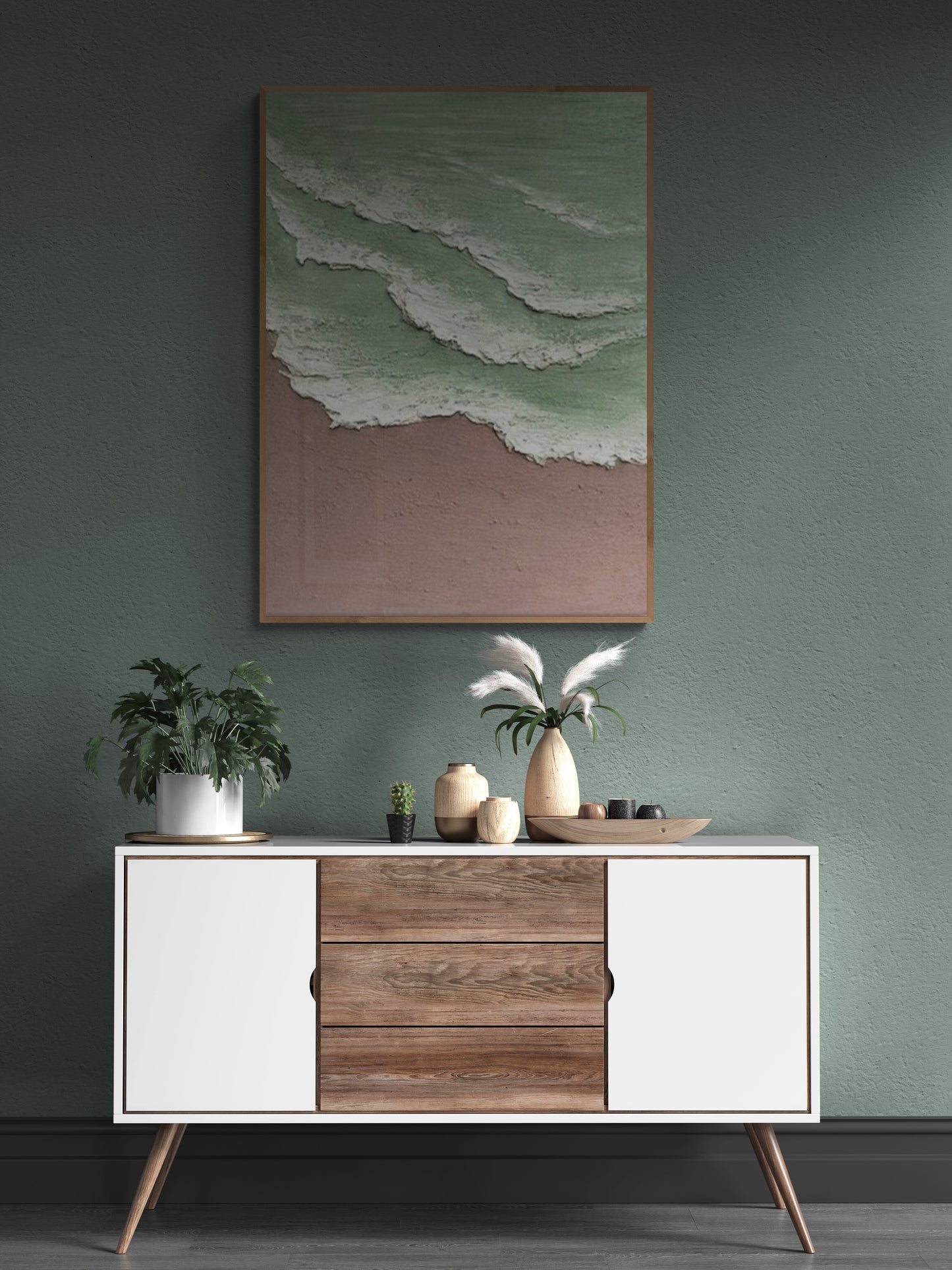 Heavy relief art ,Green ocean wave ,Brown ,coastal wall decor ,Abstract handmade wall art ,With wooden frame and acrylic paint