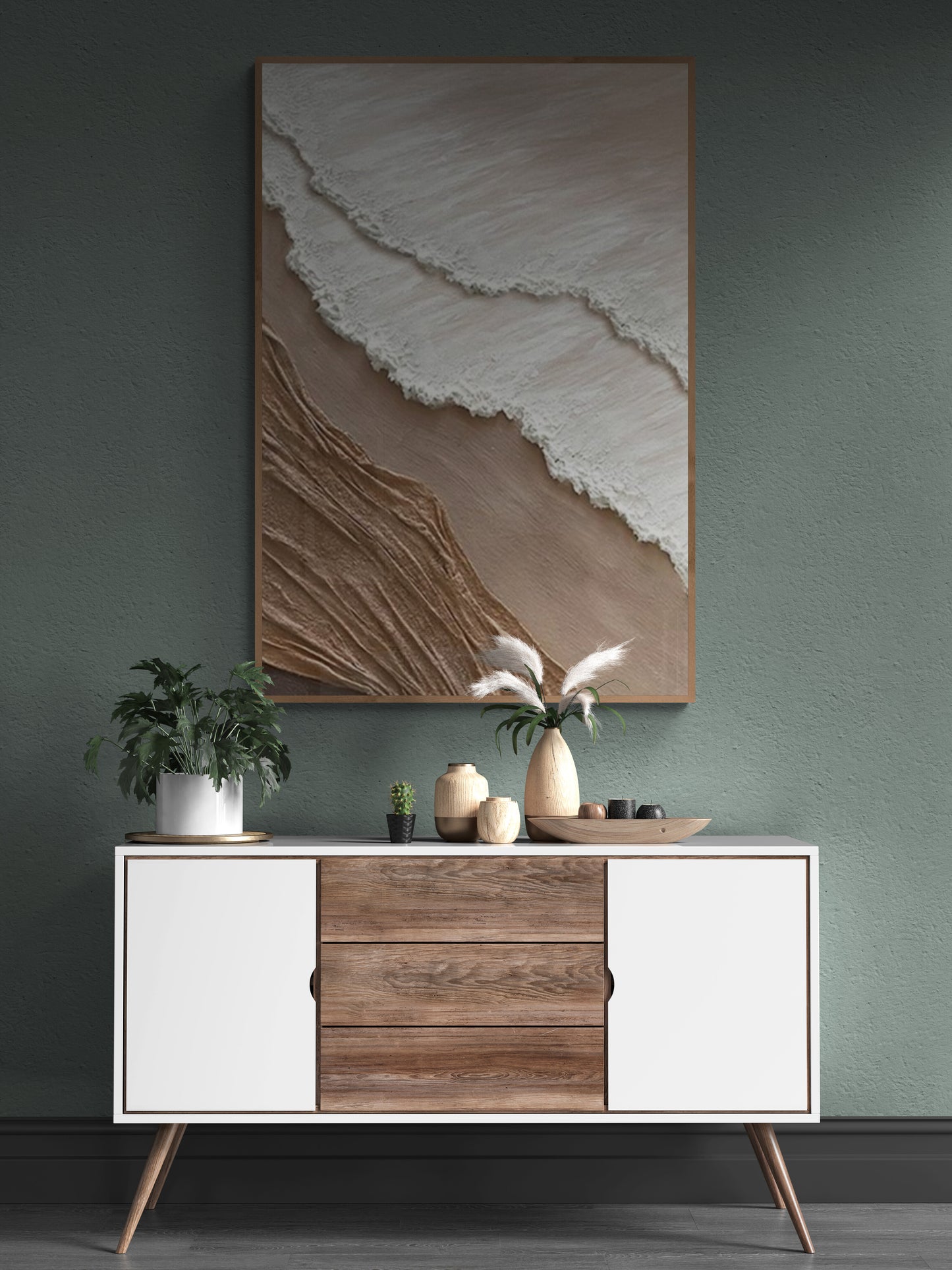 With wooden frame and acrylic paint ,Boho textured wall ,Brown ocean wave , Brown coastal  wall decor ,Sea wall art