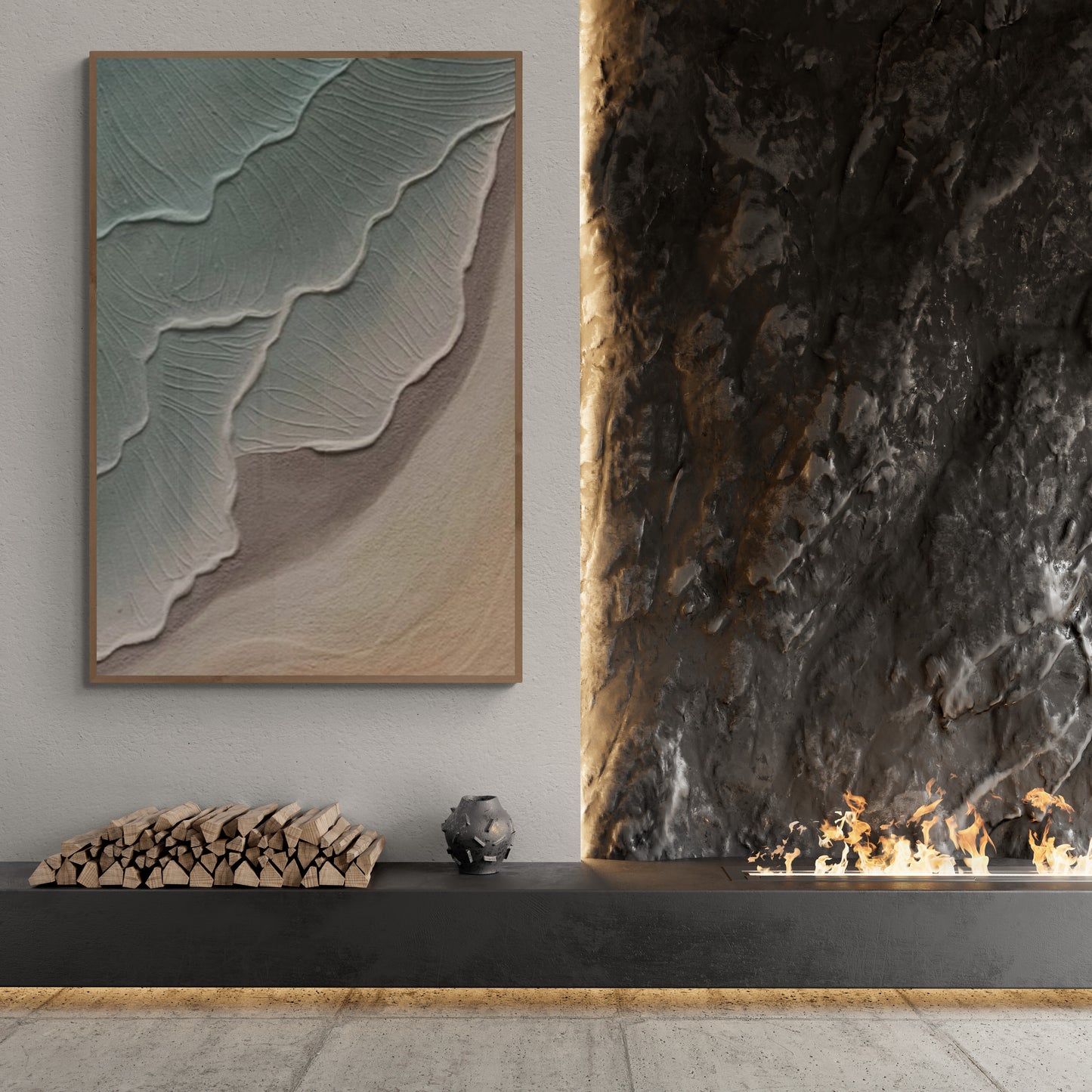 Heavy relief art ,Green ocean wave ,Brown coastal  wall decor ,Abstract handmade wall art ,With wooden frame and acrylic paint