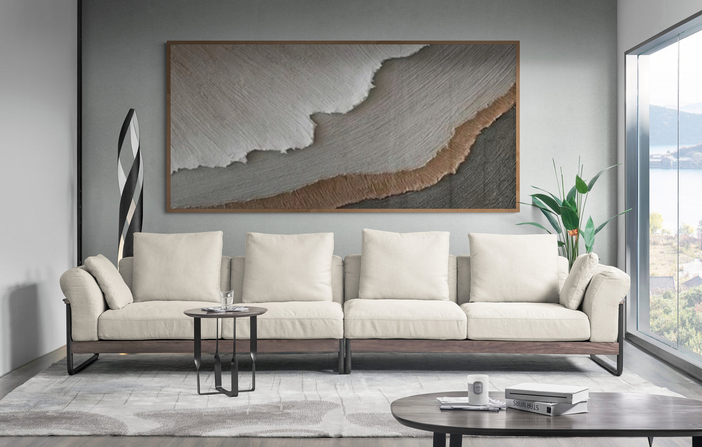 With wooden frame and acrylic paint ,Boho textured wall ,Brown ocean wave ,Brown coastal wall decor ,Sea wall art