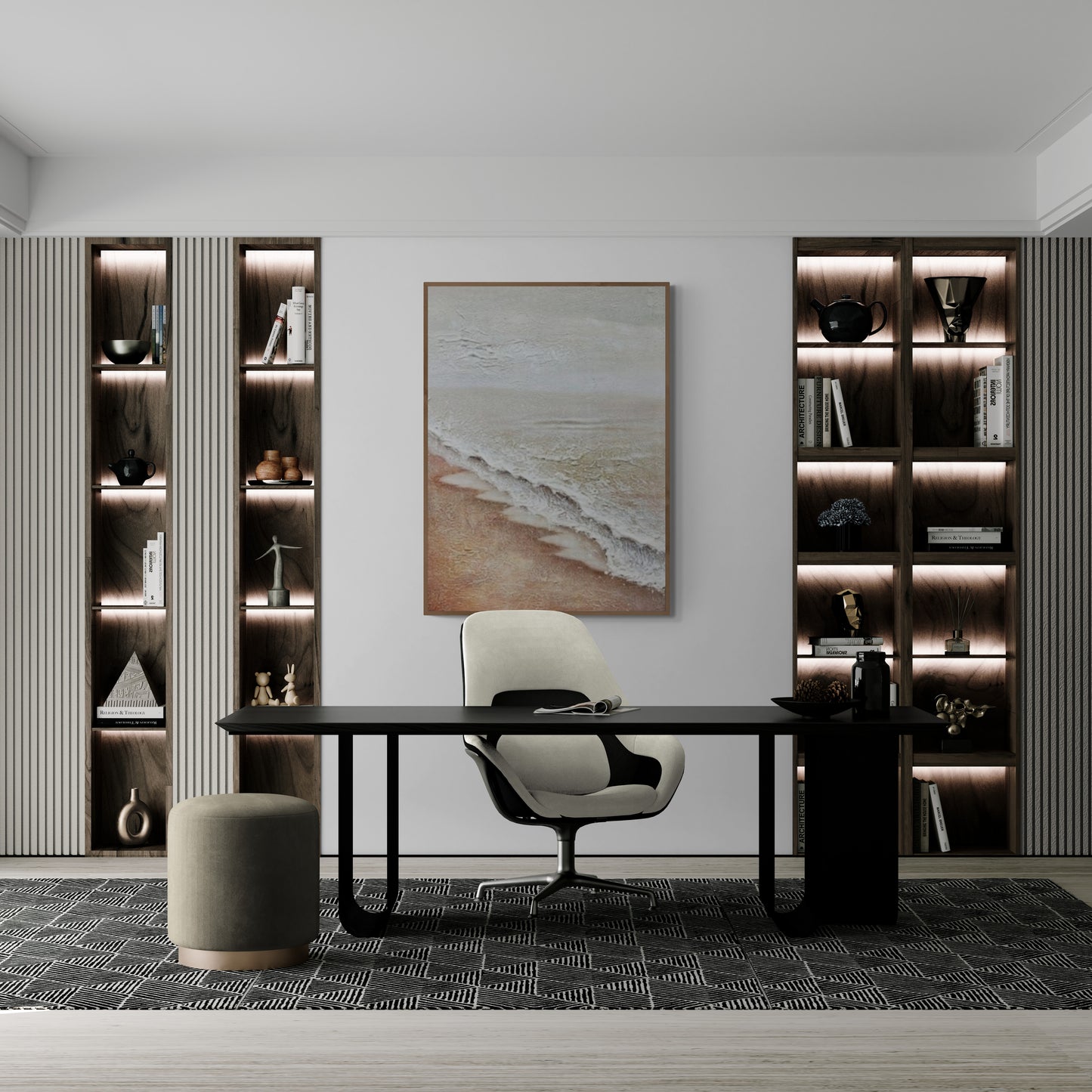 Original abstract relief ,Minimal art texture, With wooden frame and acrylic paint, Ocean wave landscape ,White ocean wave ,Brown coastal