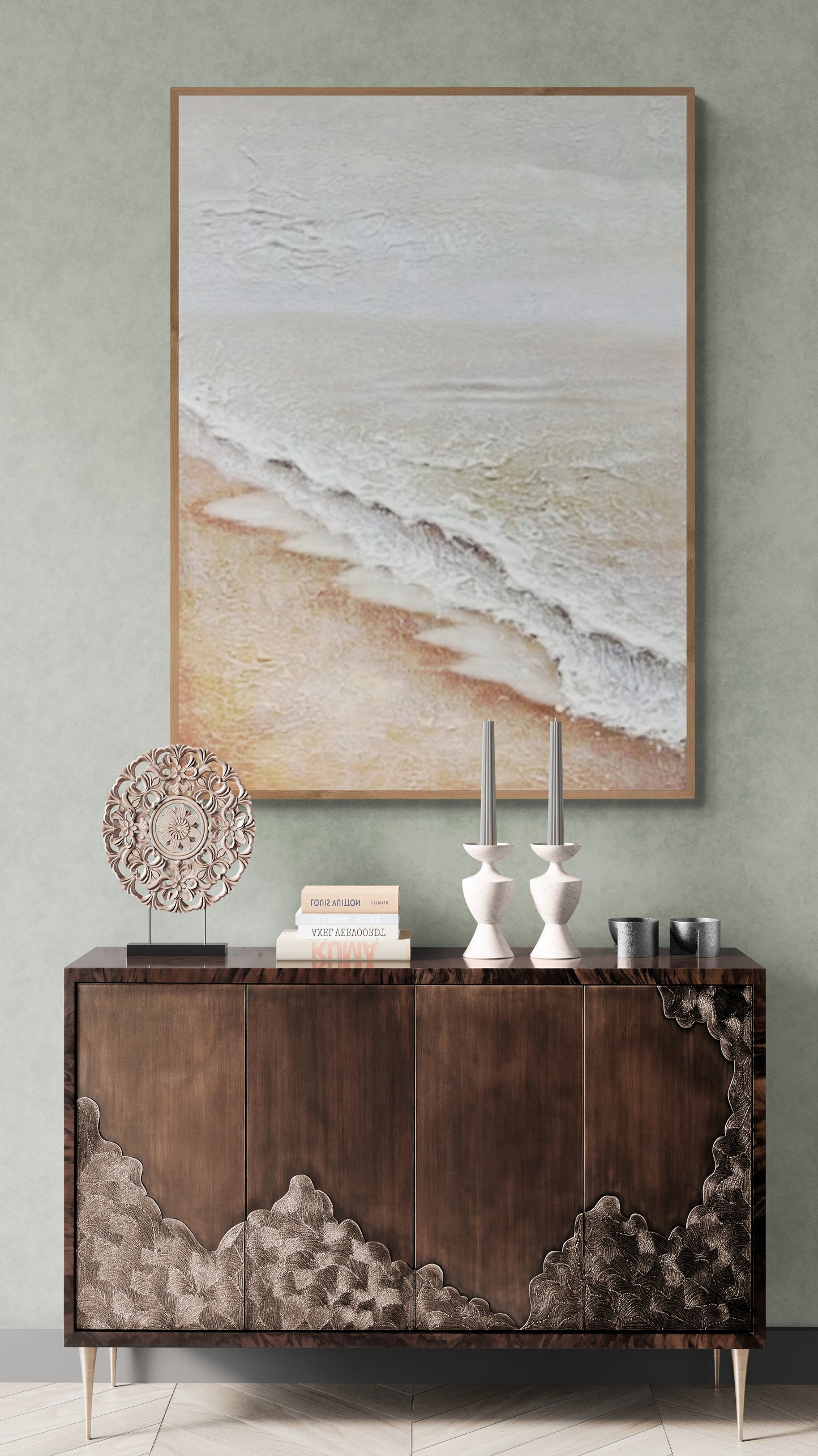 Original abstract relief ,Minimal art texture, With wooden frame and acrylic paint, Ocean wave landscape ,White ocean wave ,Brown coastal