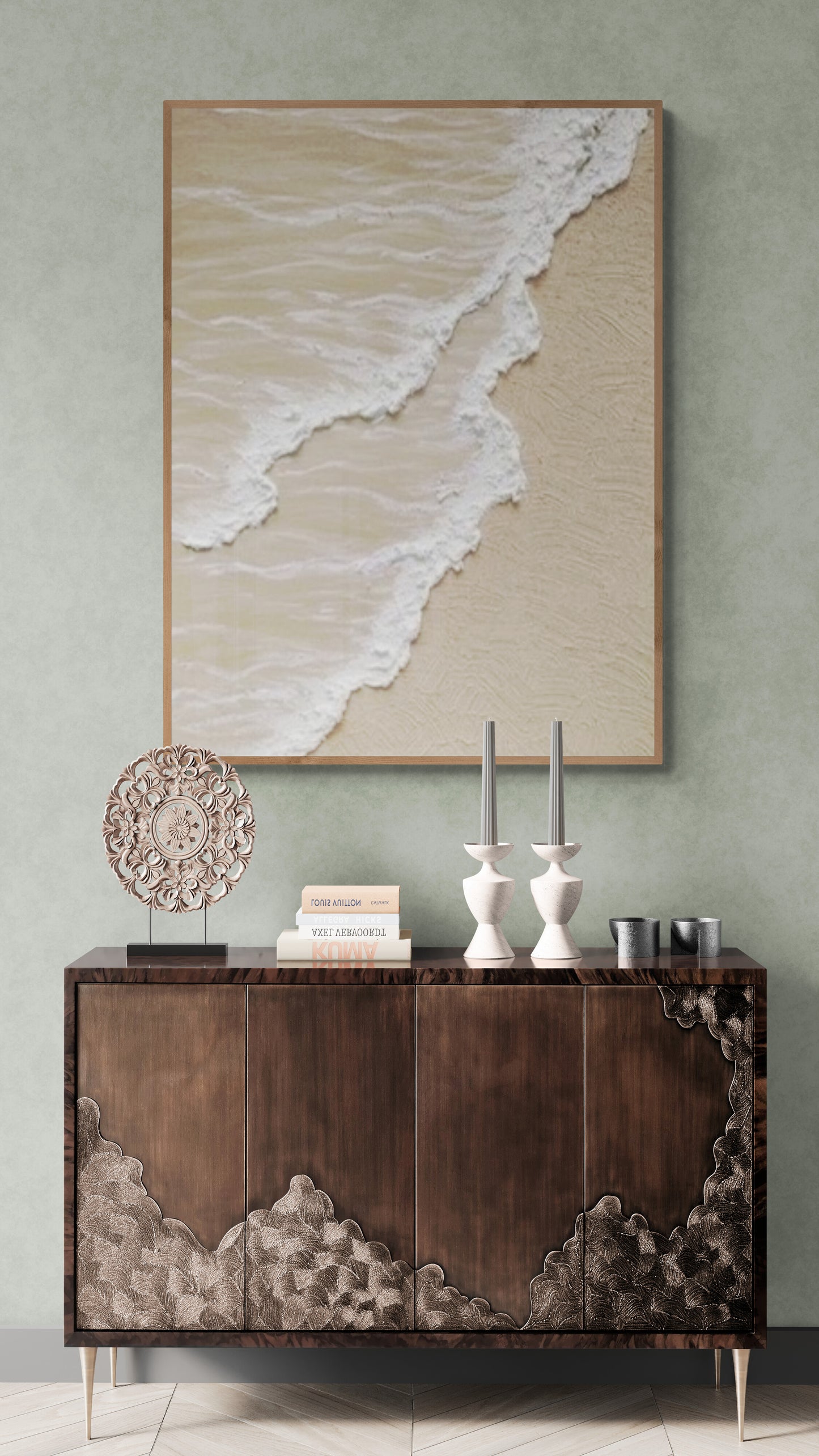 3D texture ,With wooden frame and acrylic paint ,White ocean wave ,Brown coastal  wall decor ,Plaster art texture ,Sea beach relief