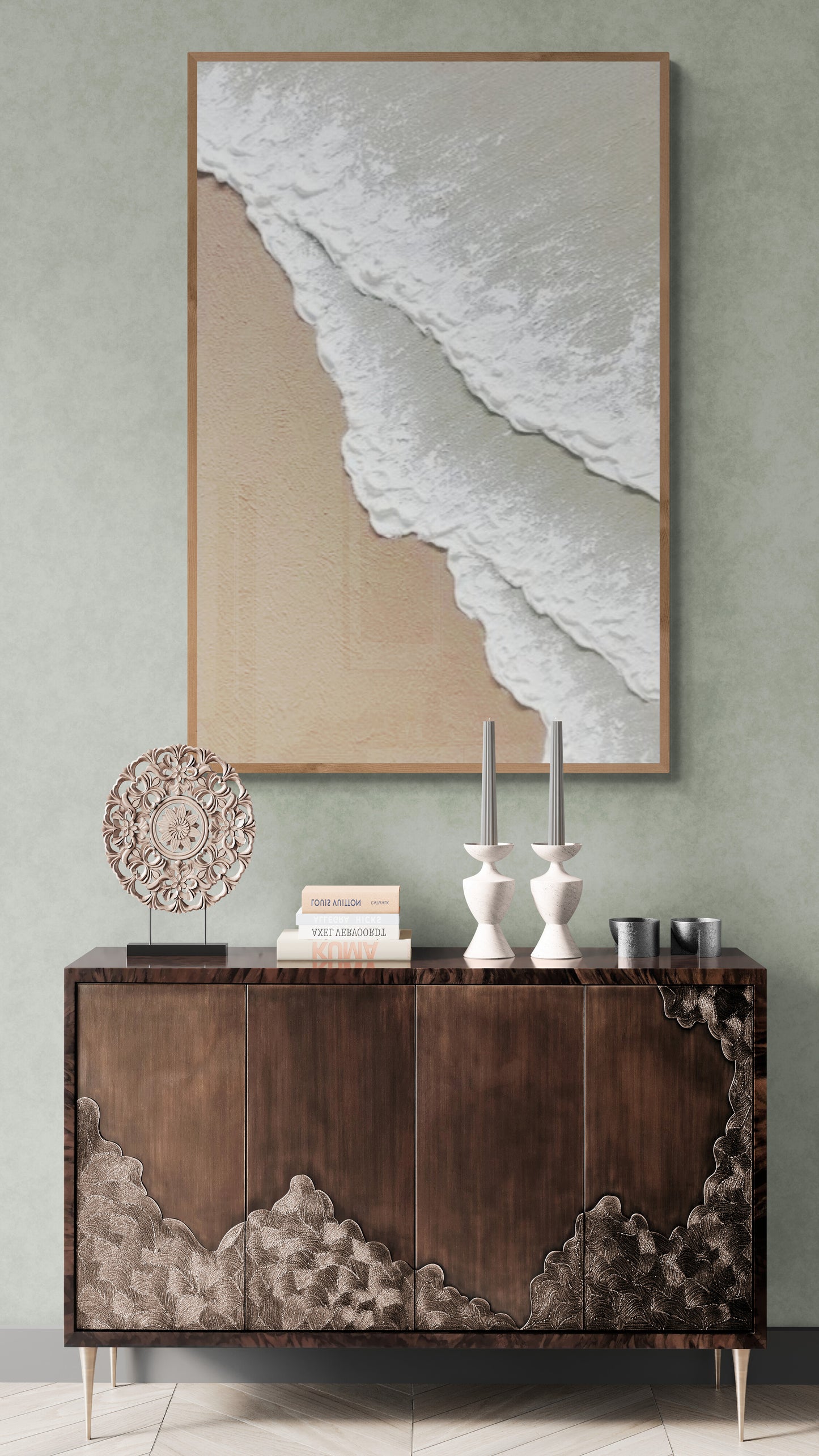 3D texture ,With wooden frame and acrylic paint ,White ocean wave ,Brown coastal  wall decor ,Plaster art texture ,Sea beach relief