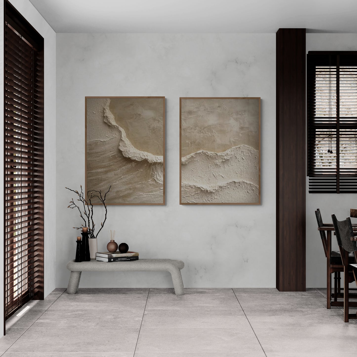 2 pieces ,With wooden frame and acrylic paint ,Boho textured wall ,Brown ocean wave ,Brown coastal  wall decor ,Sea wall art