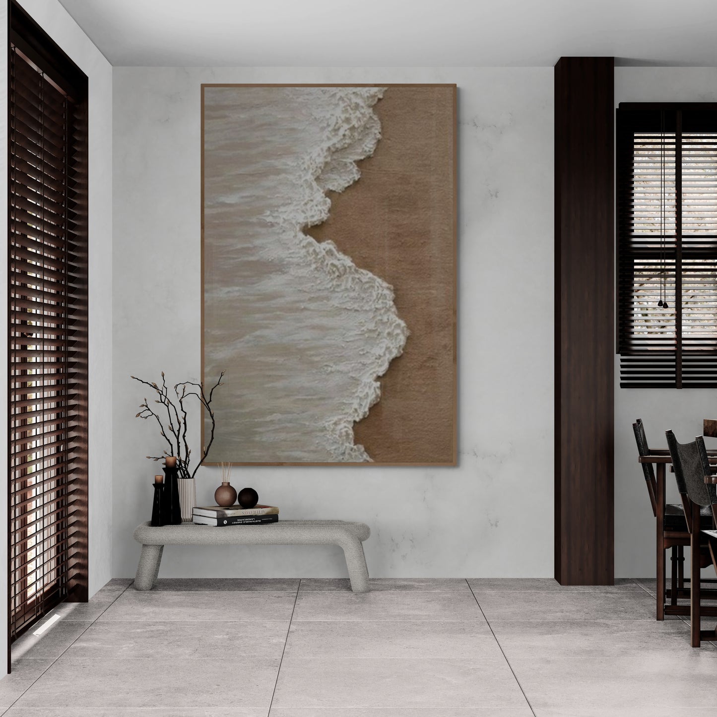 Heavy relief art ,White ocean wave ,Brown coastal  wall decor ,Abstract handmade wall art ,With wooden frame and acrylic paint