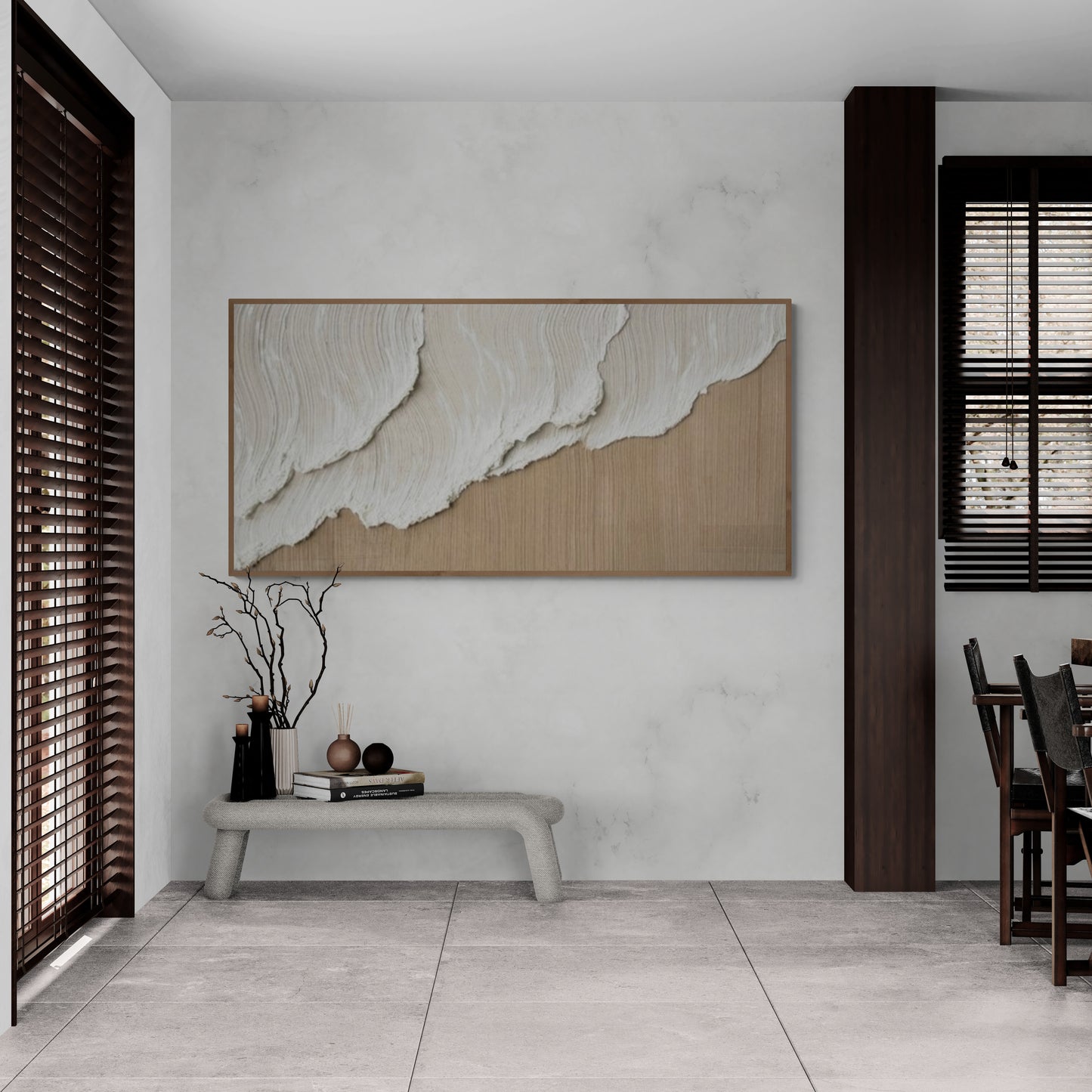 Heavy relief art ,White ocean wave ,Brown coastal  wall decor ,Abstract handmade wall art ,With wooden frame and acrylic paint