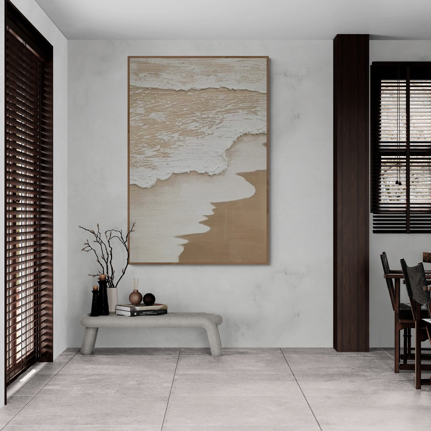 Original abstract relief ,Minimal art texture, With wooden frame and acrylic paint, Ocean wave landscape ,White ocean wave ,Brown coastal