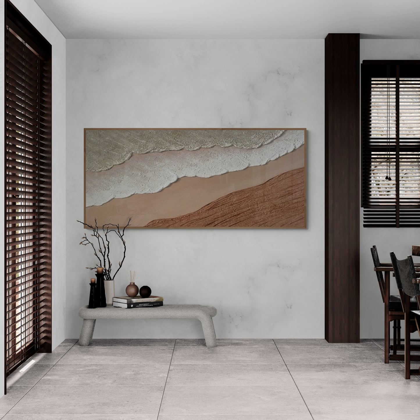 3D texture ,With wooden frame and acrylic paint ,White ocean wave ,Brown coastal  wall decor ,Plaster art texture ,Sea beach relief