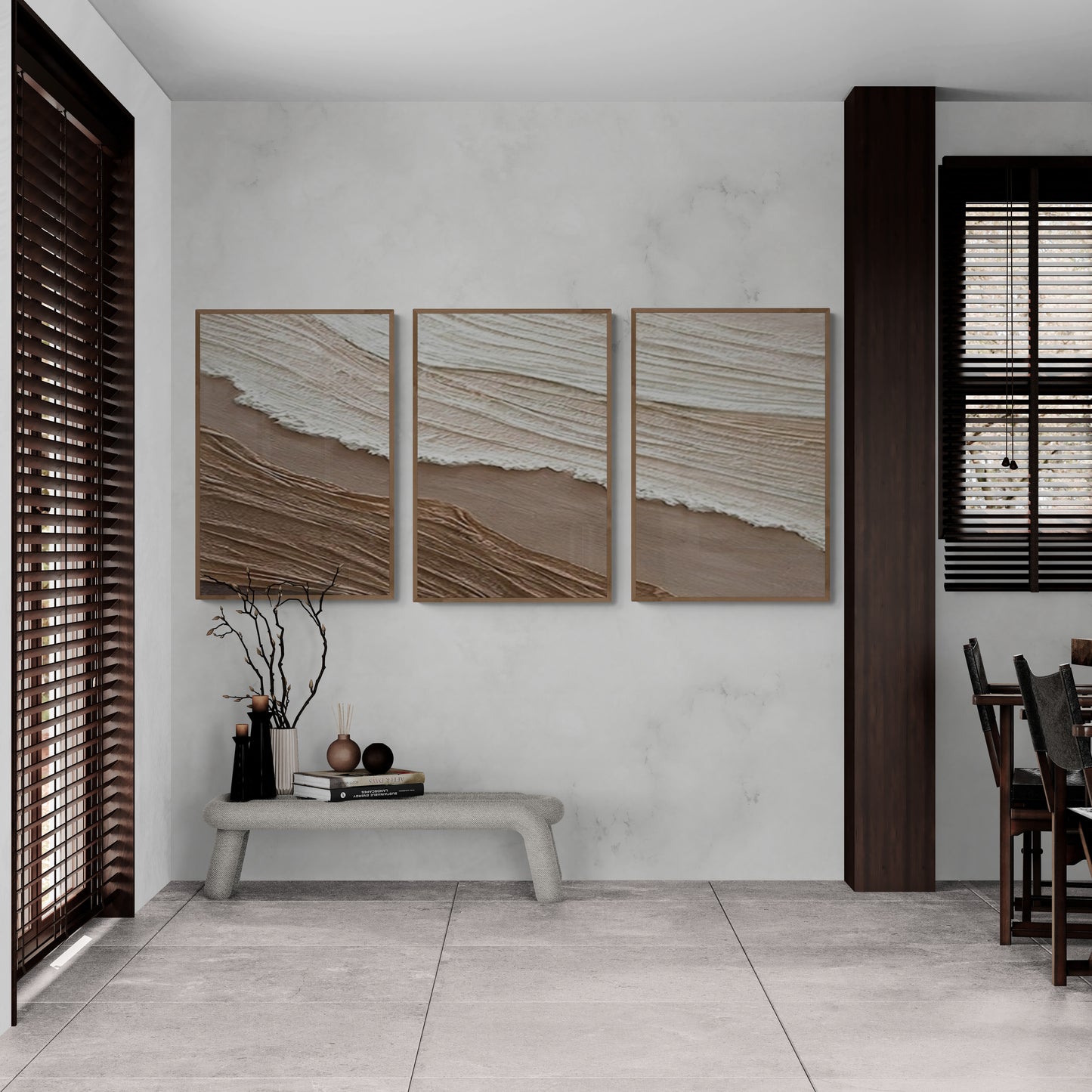 3 pieces ,With wooden frame and acrylic paint ,Boho textured wall ,Brown ocean wave ,Brown coastal  wall decor ,Sea wall art